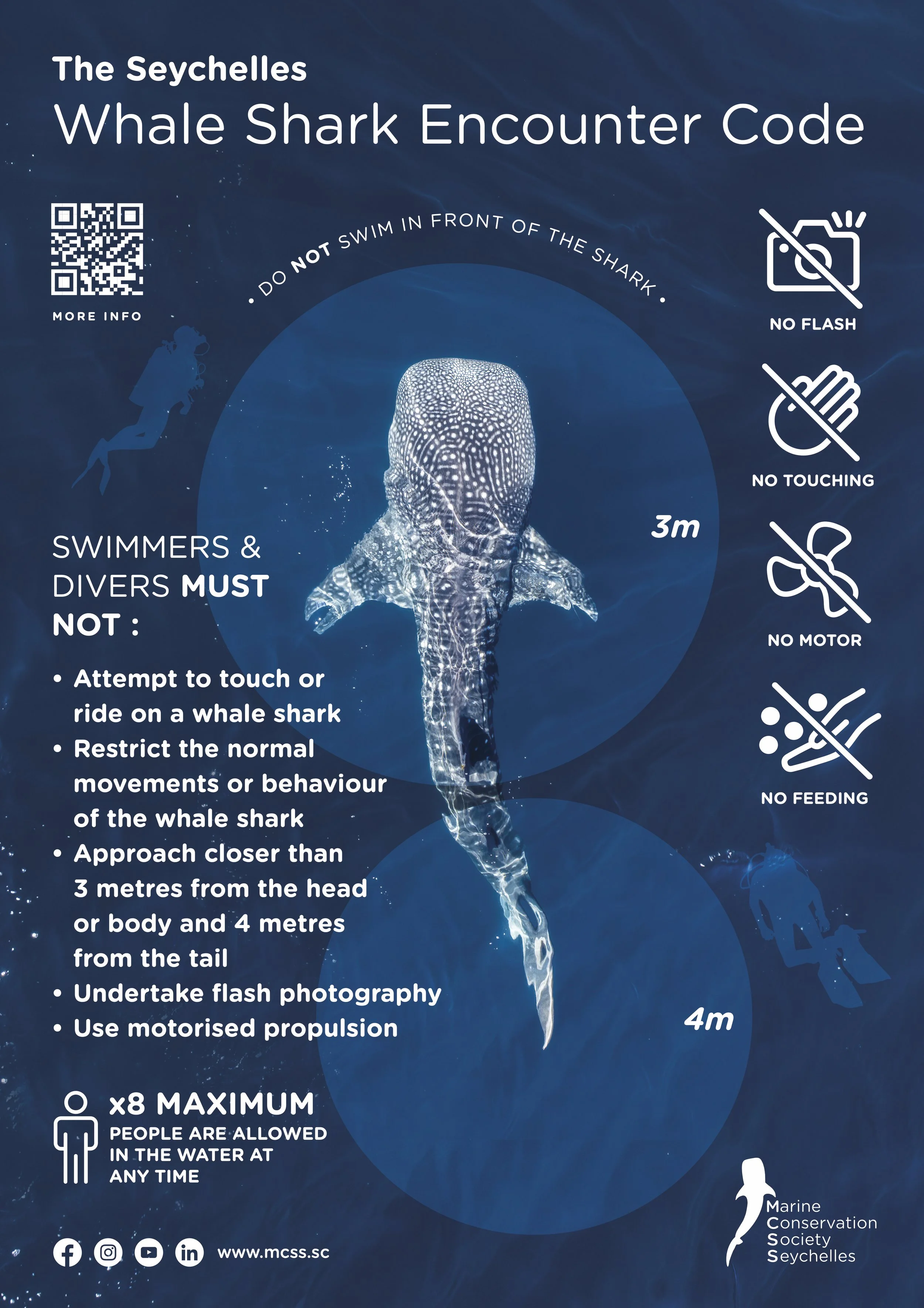 Information poster about whale sharks in Seychelles. Features an image of a whale shark with swimming zones marked at 3 meters and 4 meters. Instructions and rules for swimmers and divers include no swimming in front of the shark, no flash photography, no touching, no motorized boats, and no feeding. Highlights maximum of 8 people in the water at once. Includes social media icons and a website link for more info.