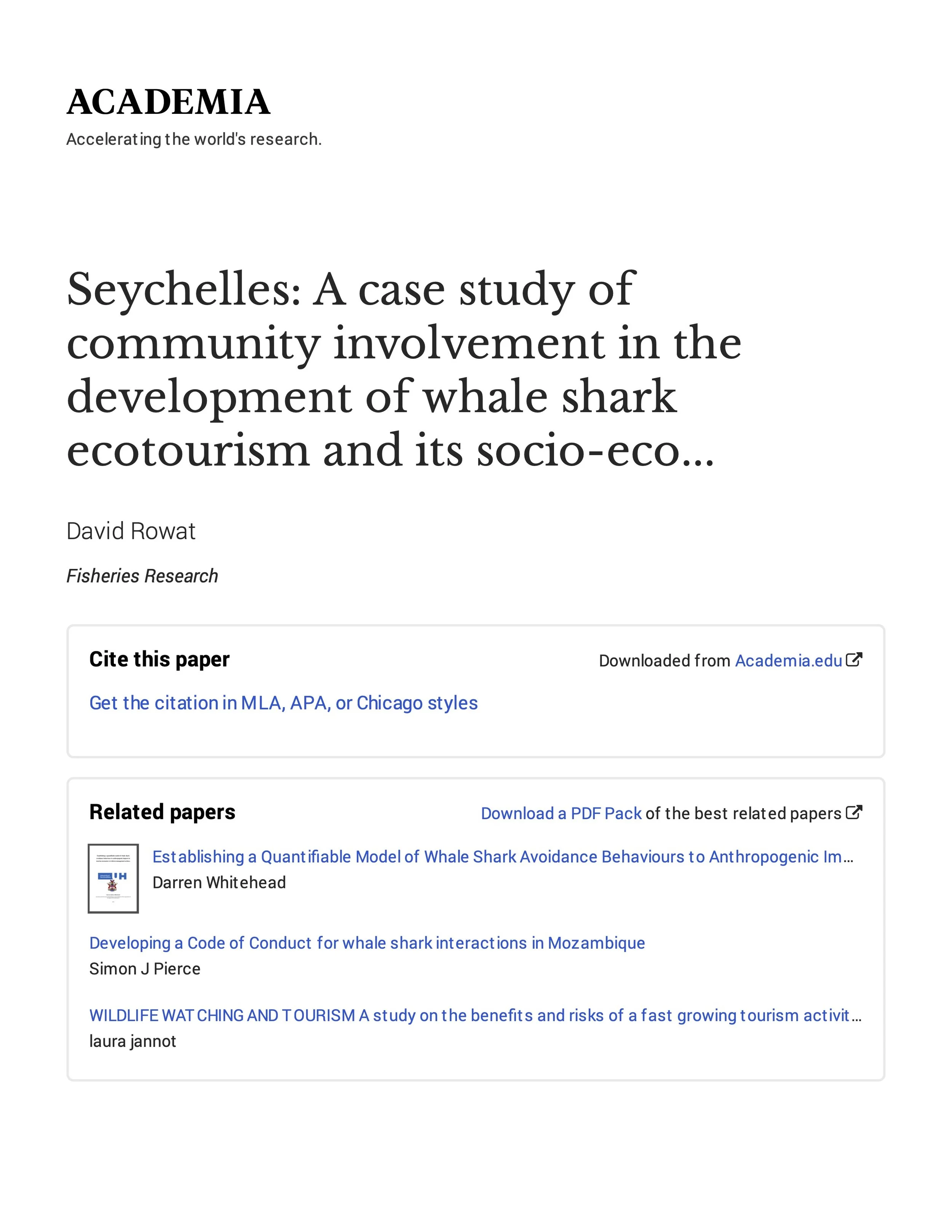 Academic research paper titled "Seychelles: A case study of community involvement in the development of whale shark ecotourism and its socio-economic impacts" by David Rowat, published by Academia.