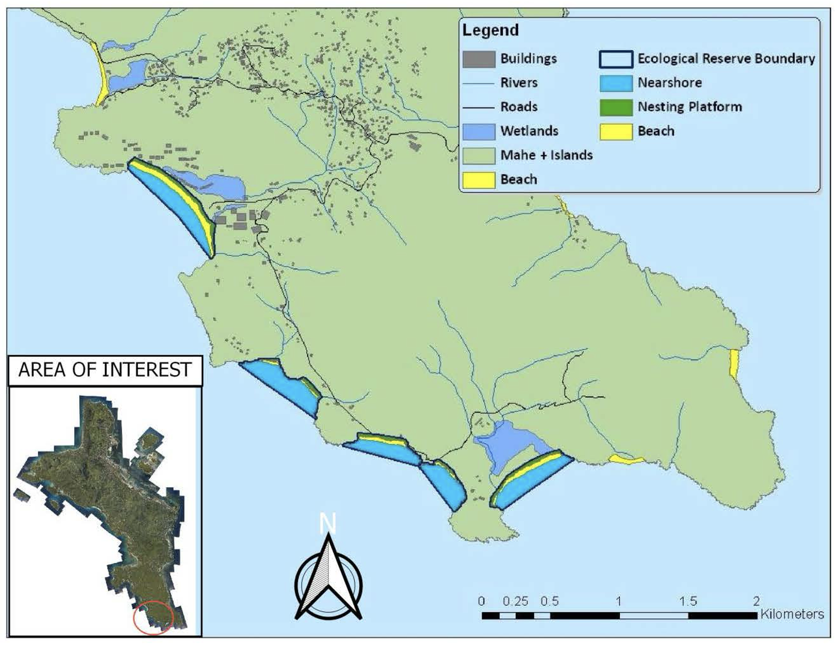Map of a coastal region showing ecological reserve boundaries, rivers, roads, wetlands, mahe and islands, nesting platforms, beaches, and nearby areas of interest, with a legend explaining symbols and colors, north compass, and scale in kilometers.