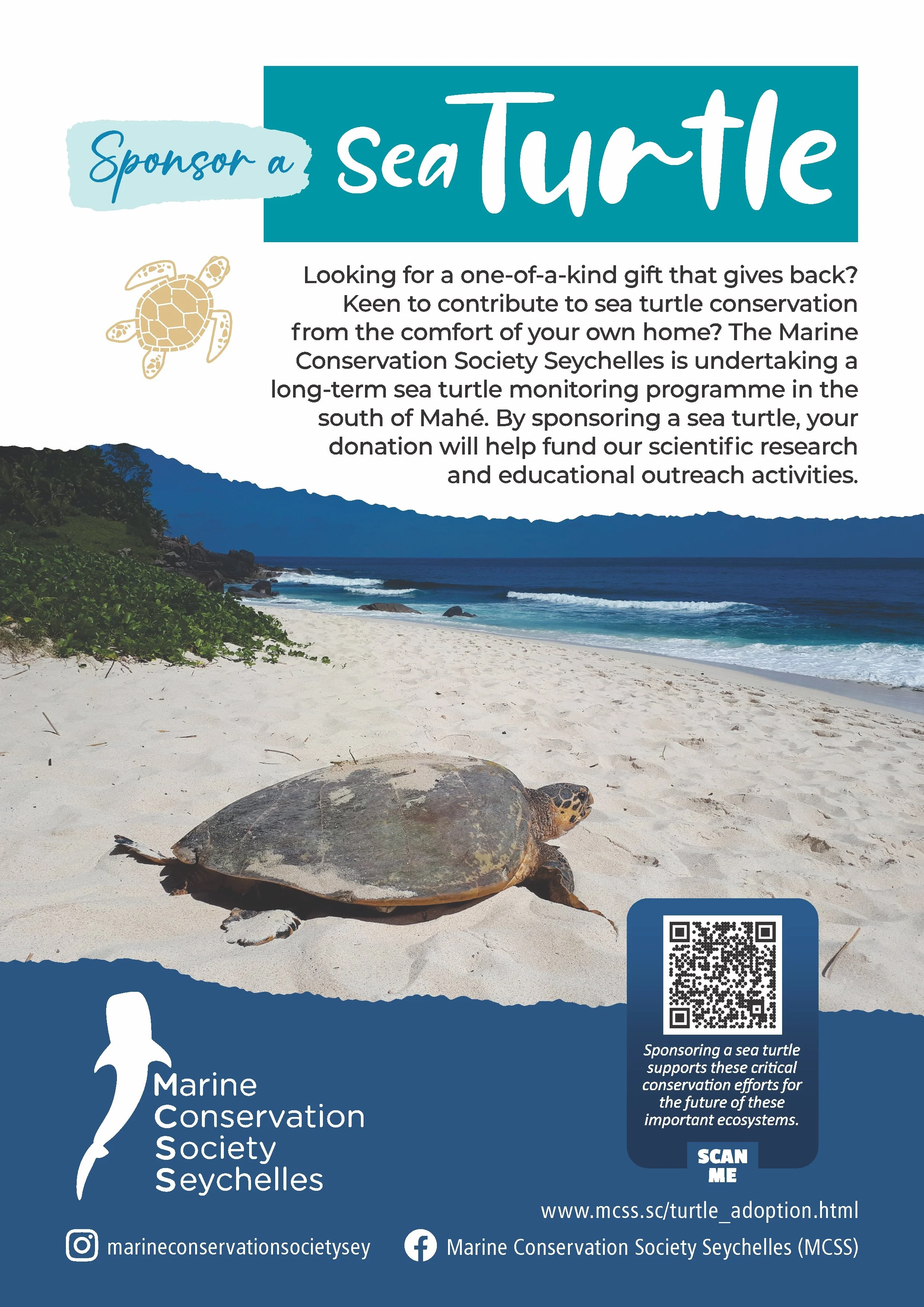 Flyer promoting sponsorship of a sea turtle in Seychelles, featuring a beach with a sea turtle on the sand, a QR code, and information about sea turtle conservation efforts.