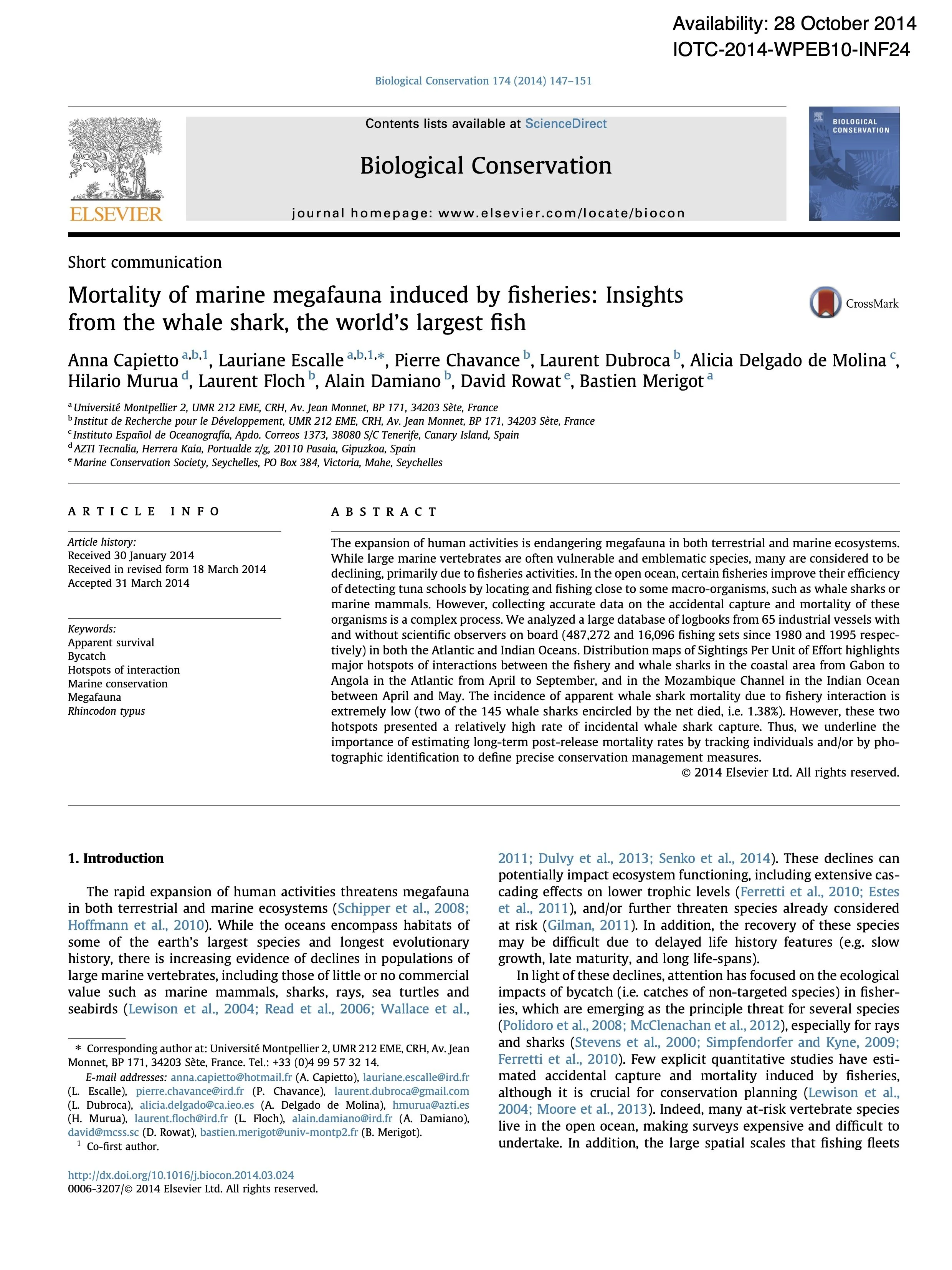 Academic journal page from 'Biological Conservation' titled 'Mortality of marine megafauna induced by fisheries.' Contains article information, author list, abstract, and keywords.
