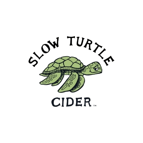 Graphic of a green turtle with the text 'High Turtles Cider' surrounding it.