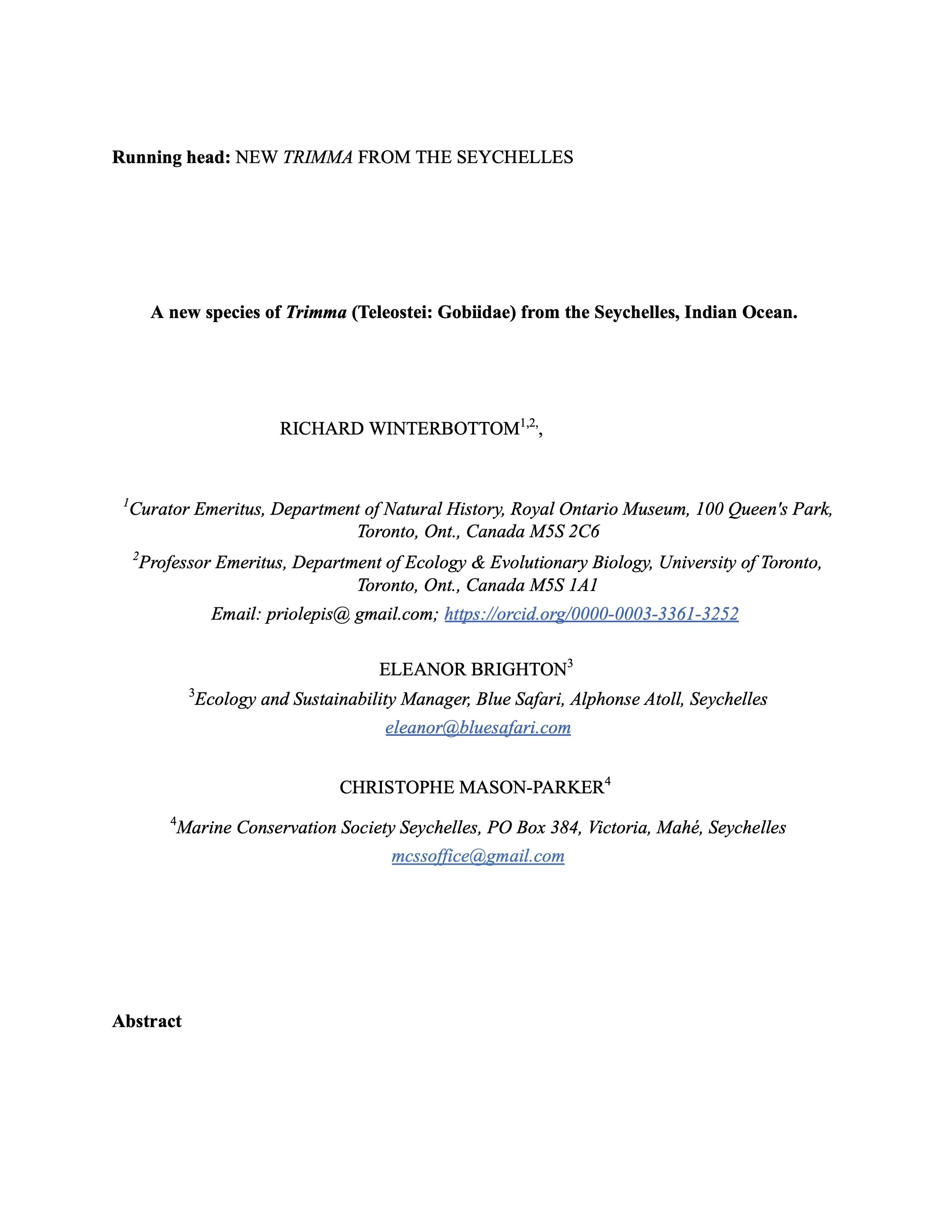 A scientific research paper titled 'Running head: NEW TRIMMA FROM THE SEYCHELLES'.