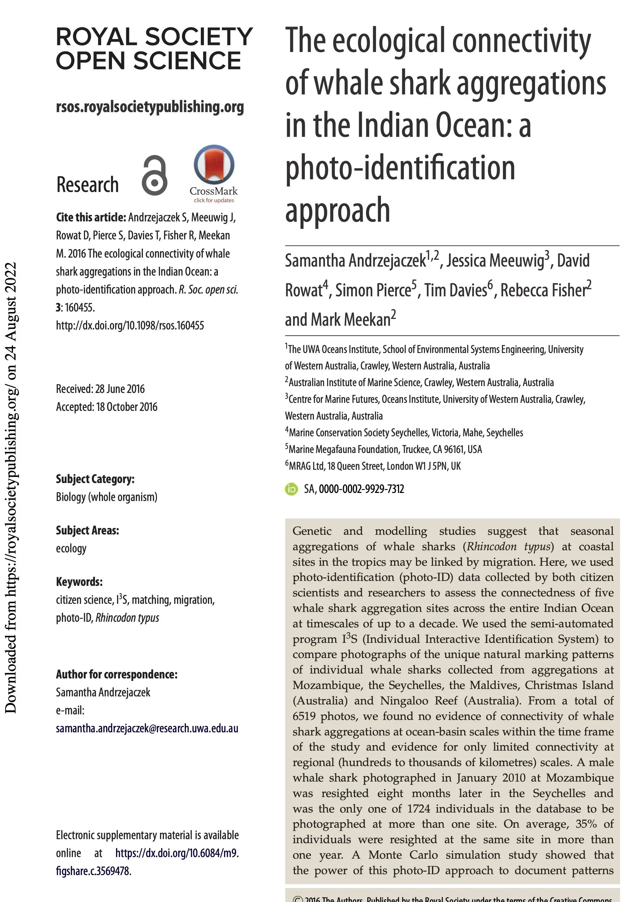 Research paper titled 'The ecological connectivity of whale shark aggregations in the Indian Ocean: a photo-identification approach' by Samantha Andrzejacek and others. Published by Royal Society Open Science, with details about authors, subjects, keywords, and abstract.