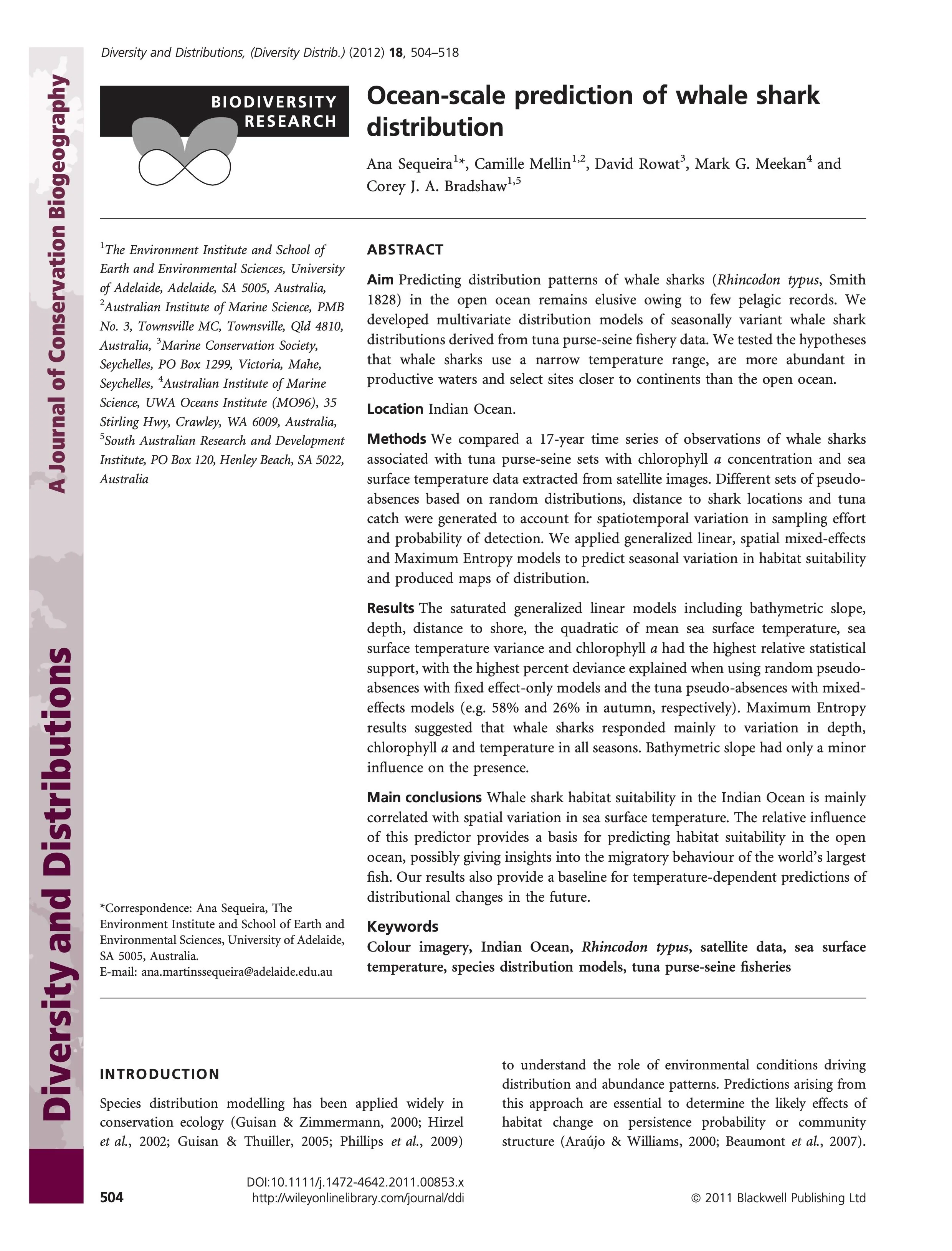 Scientific research article on ocean-scale prediction of whale shark distribution, with title, authors, abstract, keywords, and publication details.
