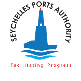 Logo of Seychelles Ports Authority with a lighthouse, water waves, and the slogan 'Facilitating Progress'.