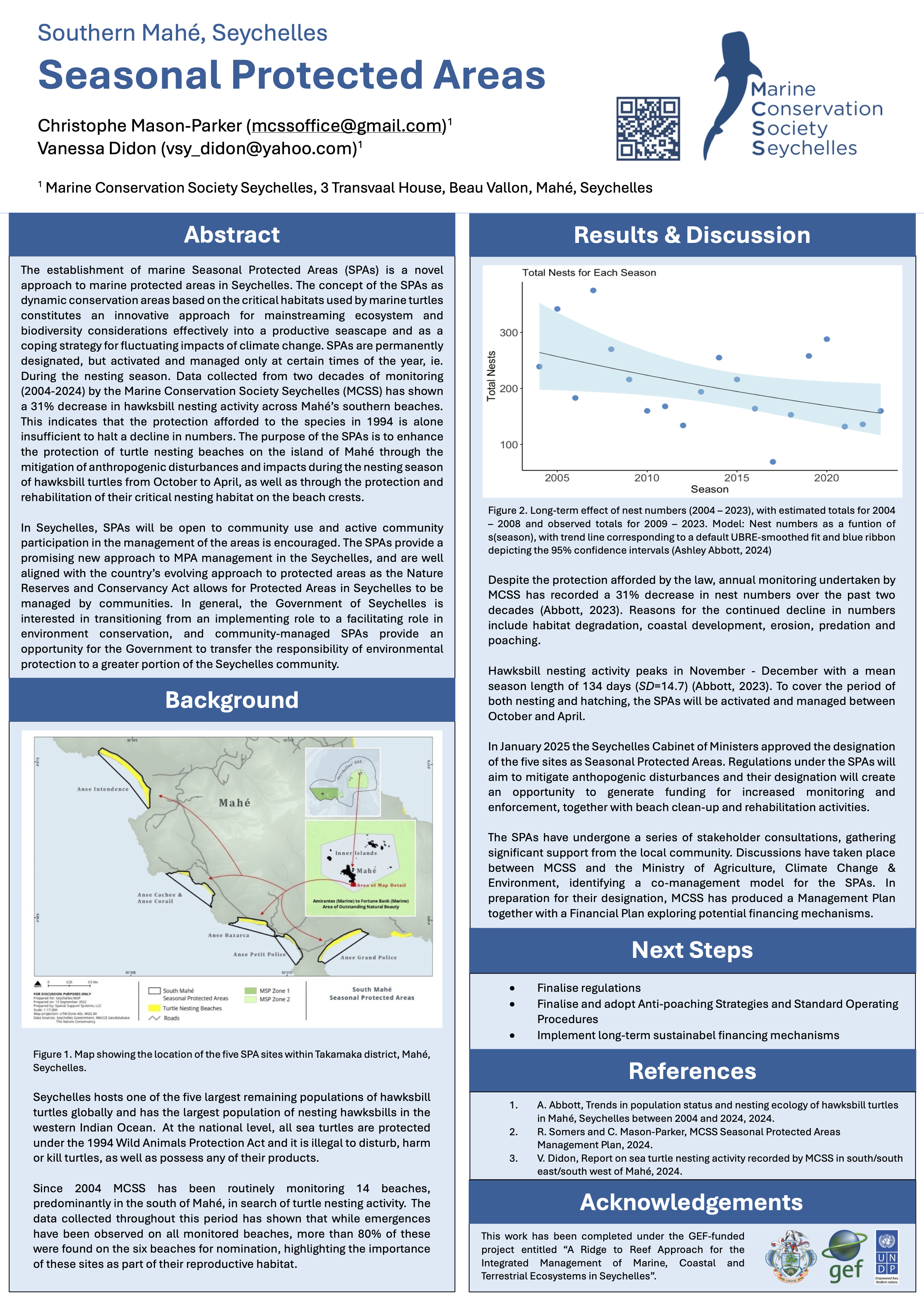 Poster about Seasonal Protected Areas in Southern Mahé, Seychelles, detailing the Marine Conservation Society Seychelles' efforts, past turtle nesting activities, map of five SPA sites in Takamaka district, and discussion on conservation strategies and future steps.