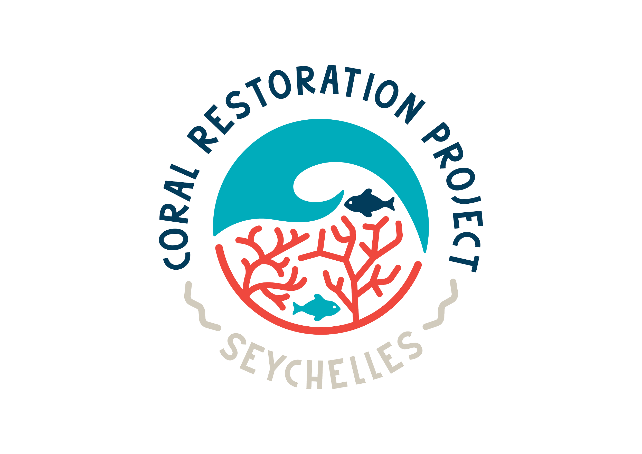 Logo of the Coral Restoration Project Seychelles featuring a circular design with a large blue wave, red coral, and two fish, with the text "Coral Restoration Project Seychelles" encircling the graphic.
