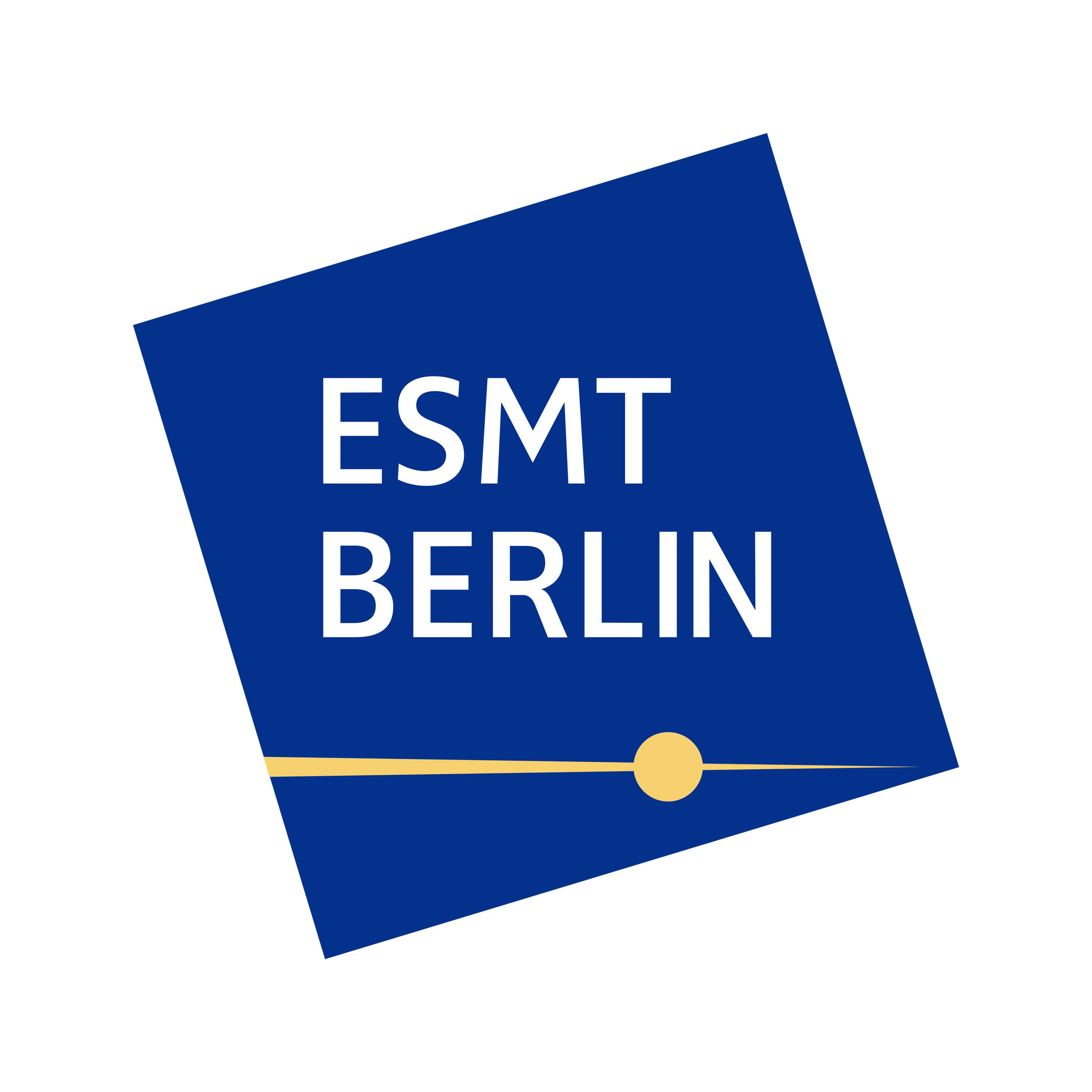 Logo for ESMT Berlin, featuring a blue square with white text and a yellow line with a circle.