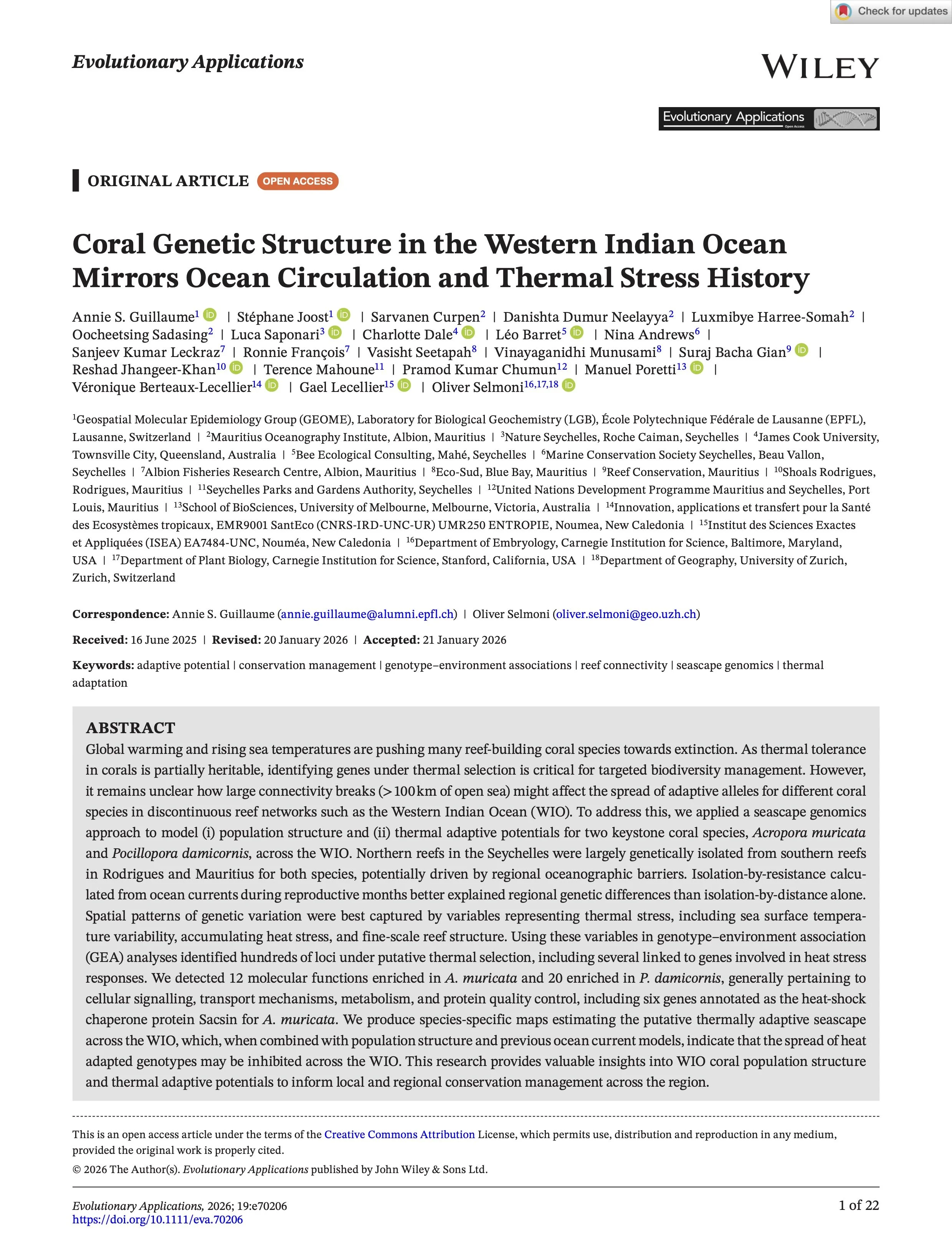 Title page of a scientific article titled 'Coral Genetic Structure in the Western Indian Ocean Mirrors Ocean Circulation and Thermal Stress History', published by Wiley in Evolutionary Applications, with authors, affiliations, and an abstract on coral genetics and thermal adaptation in the Western Indian Ocean.