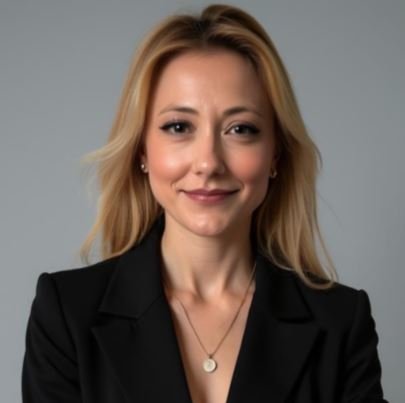 Portrait of a woman with blonde hair, wearing a black blazer and a necklace, smiling against a gray background.