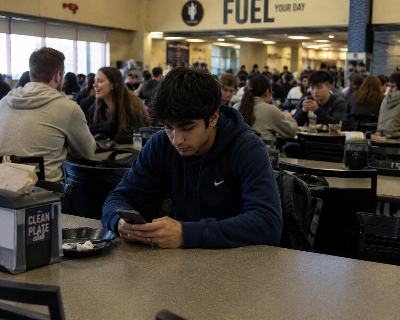 student sitting alone in a crowded college dining hall looking at phone