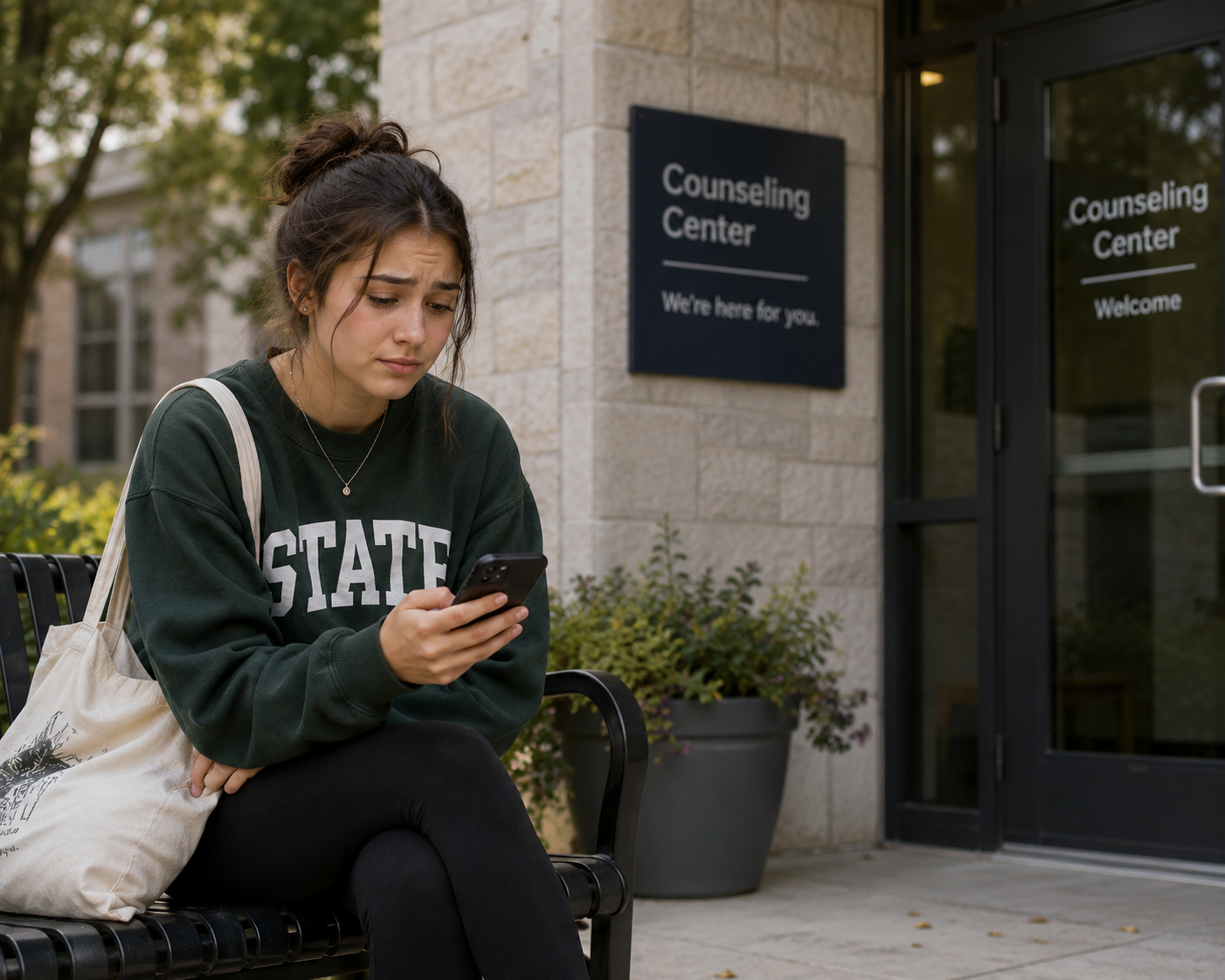 college student sitting outside counseling center looking at phone