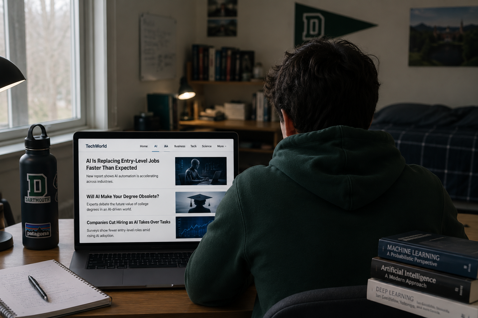 student looking at screen with AI related headlines showing on screen