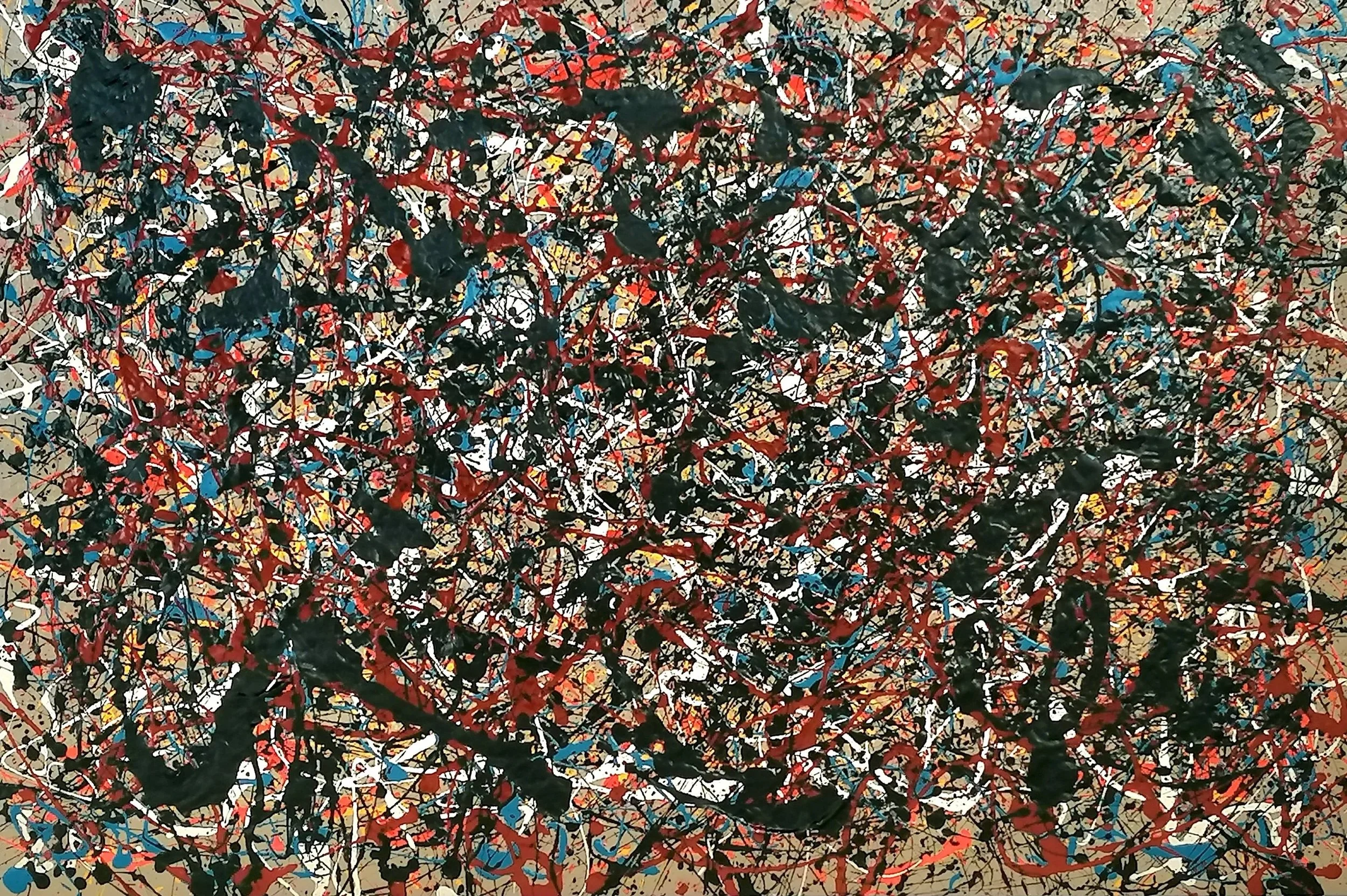 Abstract expressionist painting with black, red, yellow, blue, white, and beige splatters and drips of paint.