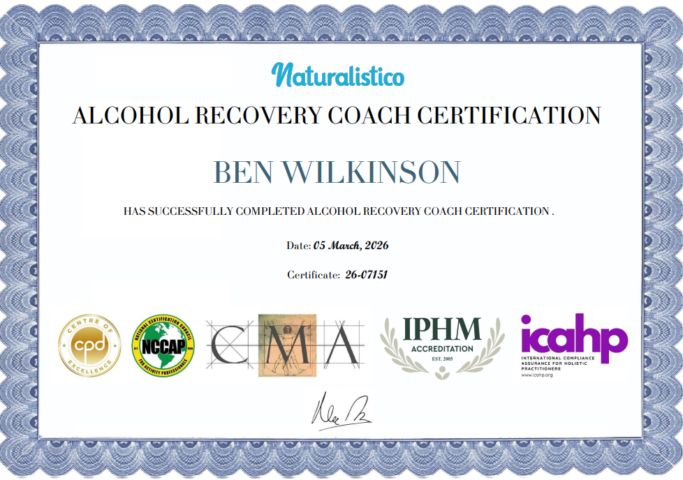 Certificate titled 'Alcohol Recovery Coach Certification' awarded to Ben Wilkinson, dated March 5, 2026, and issued the certificate number 26-07151. The certificate features logos including CPD, NCCAP, C.M.A., IPHM, and ICAHP, with a decorative blue 