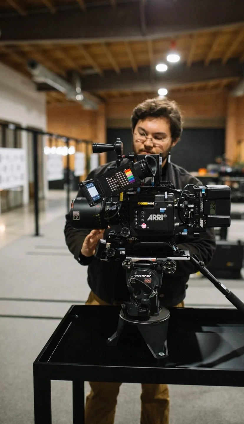 A person operating a professional ARRI camera setup indoors, with wooden ceiling and background lights.