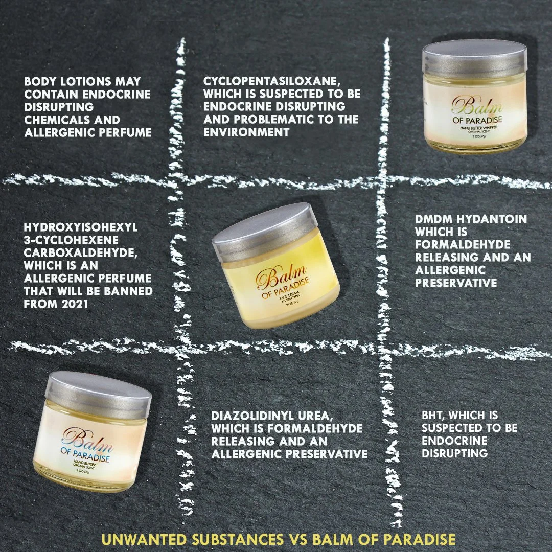 A chalkboard with a tic-tac-toe grid comparing harmful substances to Balm of Paradise products. Top left: caution about body lotions containing endocrine disruptors and allergenic perfume. Top middle: cyclopentasiloxane suspected endocrine disruptor.