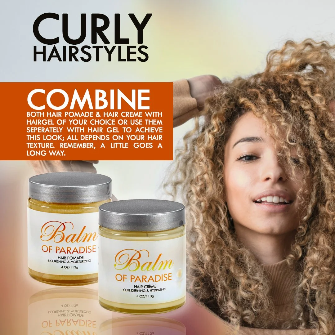 A woman with curly hair touching her hair and smiling, with two jars of Balm of Paradise hair products in the foreground, and a text overlay about combining hair pomade and cream for curly hairstyles.