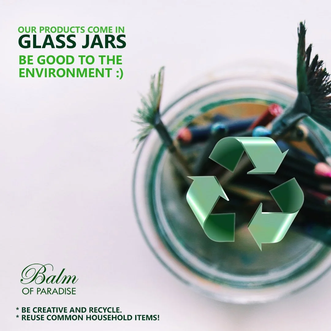 Close-up of a glass jar filled with colorful crayons, with a green recycling symbol overlaid. Text in green and black promoting eco-friendly product packaging and recycling household items.