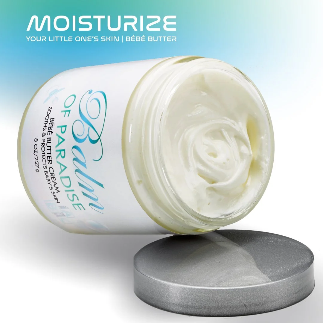 Open jar of Baby Balm of Paraiso Baby skin moisturizer on a gray stone, with blue gradient background and text 'Moisturize your little one's skin | Bébé Butter'.