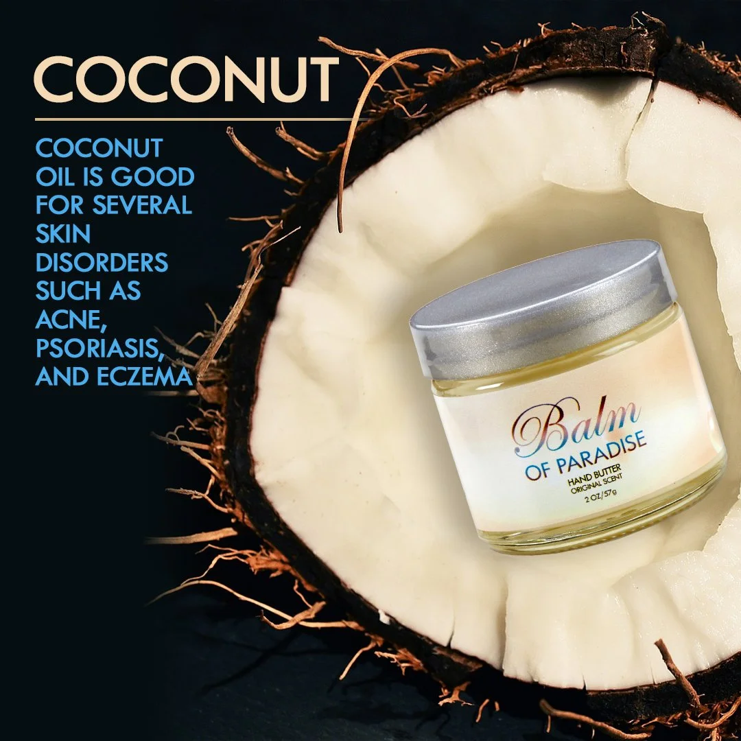 A jar of Balm of Paradise hand butter inside a halved coconut, with coconut flesh and husk visible.
