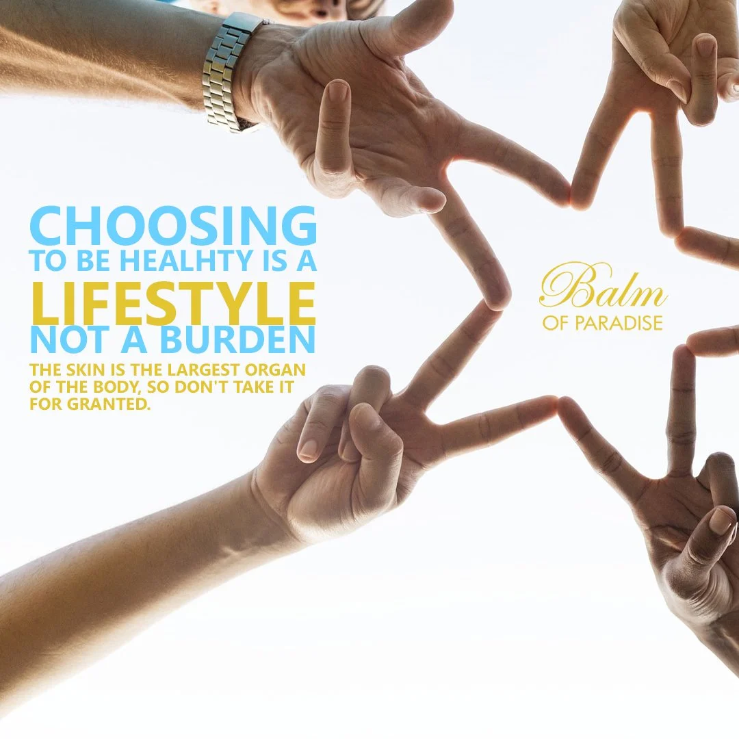 Hands making heart shape with fingers, with text promoting healthy lifestyle and skin care on a bright background.