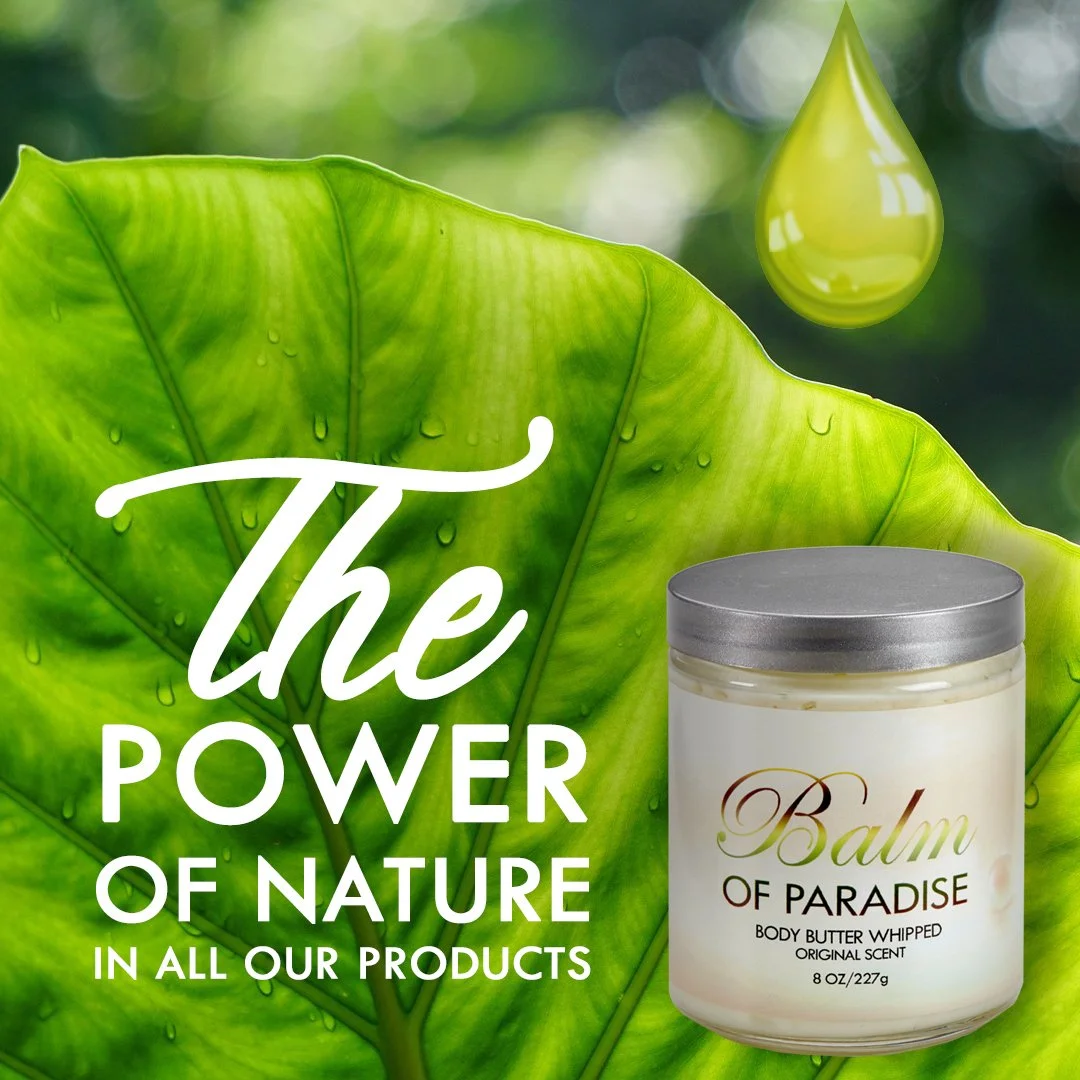 A large green leaf with water droplets, a drop of green liquid falling, and a jar of body butter labeled "Balm of Paradise" in front of the leaf.