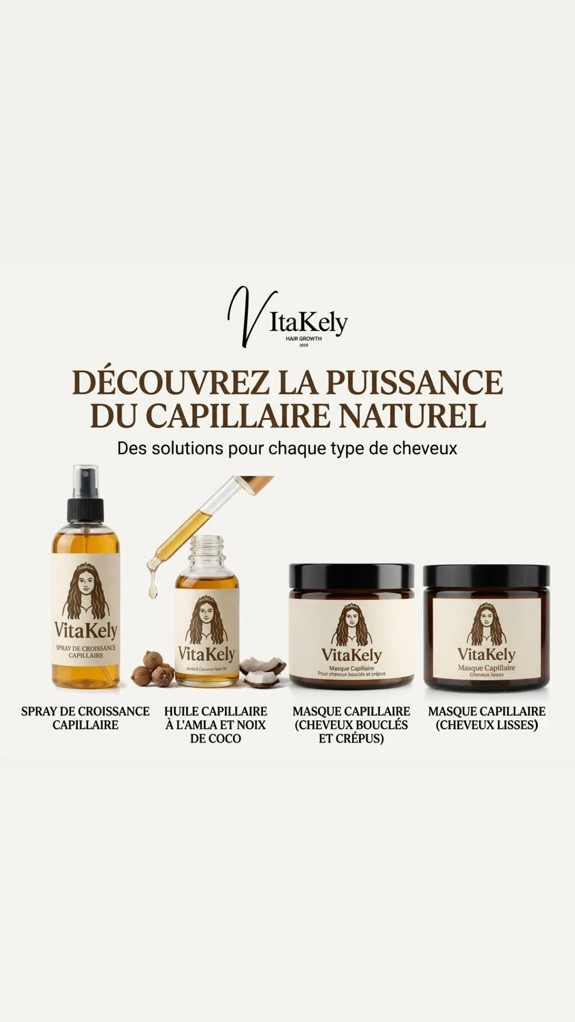Affiche promotionnelle pour des produits capillaires naturels de la marque Vita Kely, comprenant un spray de croissance capillaire, une huile à l'amla et noix de coco, un masque capillaire pour cheveux bouclés et crépus, et un masque capillaire pour cheveux lisses.
