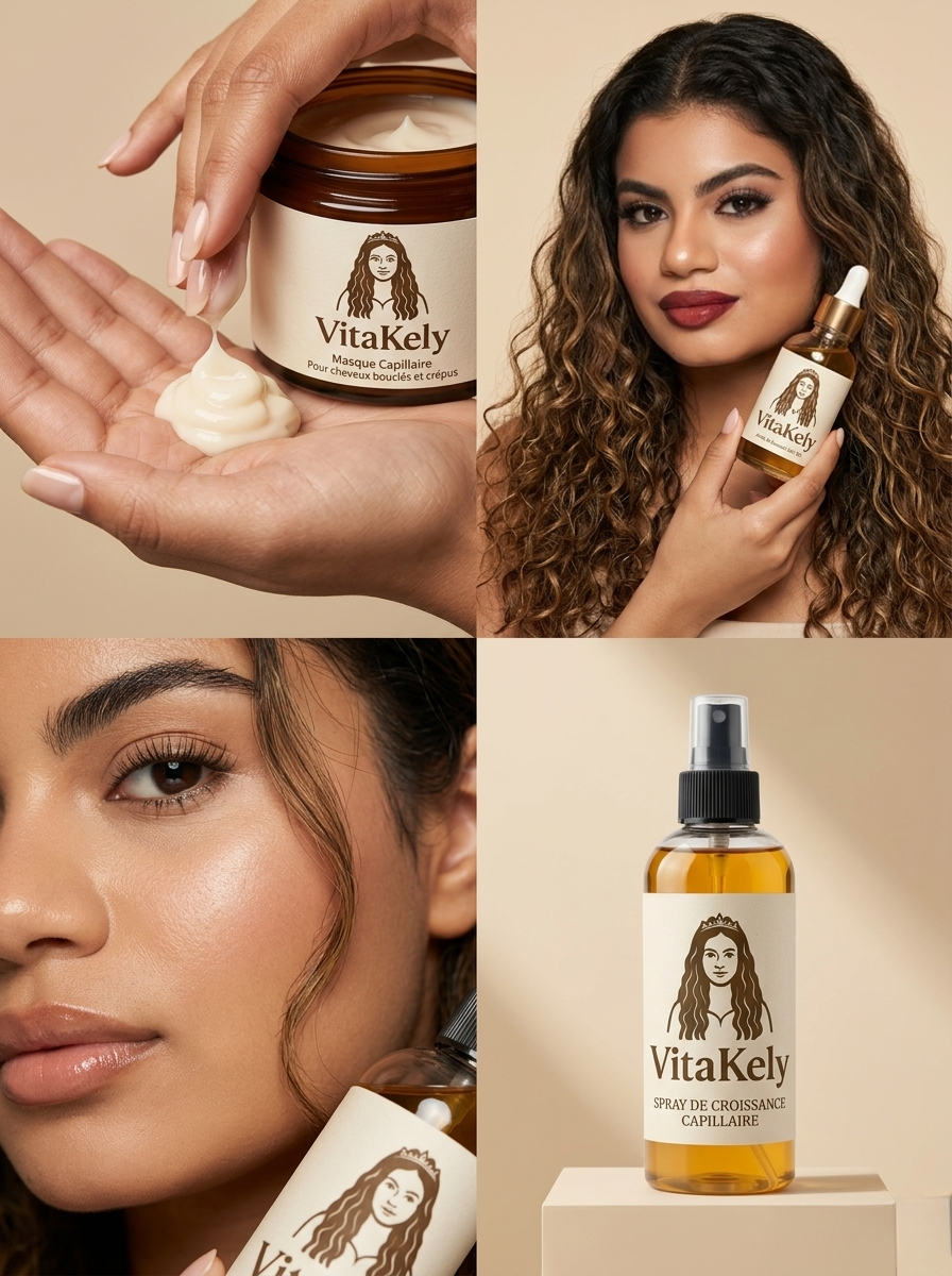 Produits capillaires Vitakely, crème, spray et huile pour cheveux bouclés, avec une femme aux cheveux bouclés portant du maquillage rouge à lèvres.