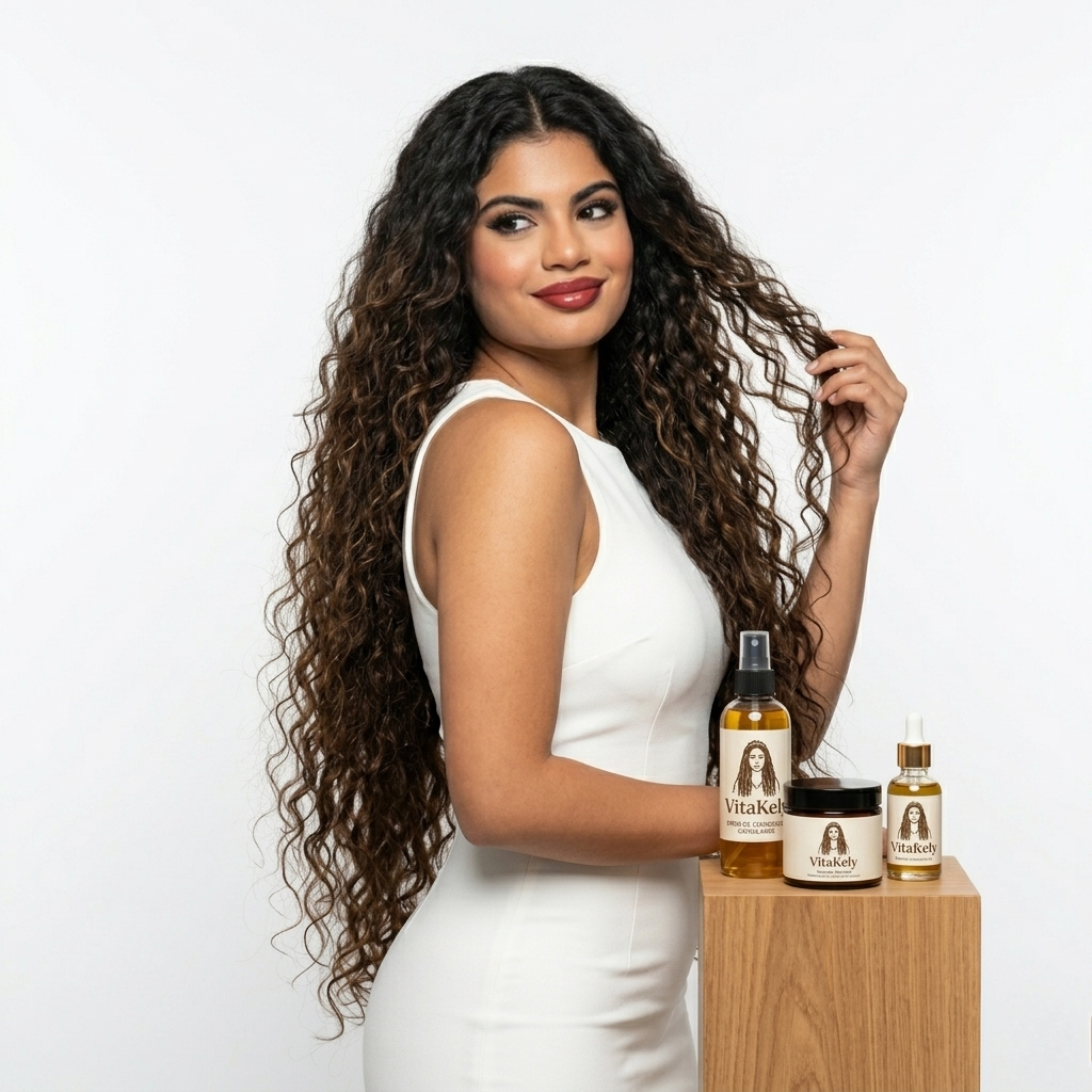 Femme avec de longs cheveux bouclés pose avec des produits capillaires sur un support en bois, fond blanc.