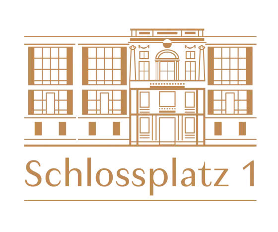 Zeichnung eines Gebäudes mit der Aufschrift "Schlossplatz 1" darunter.