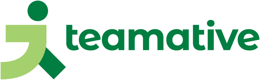 Logo mit stilisiertem, abstrakten menschlichen Symbol und dem Text 'teamtive' in grüner Schrift.