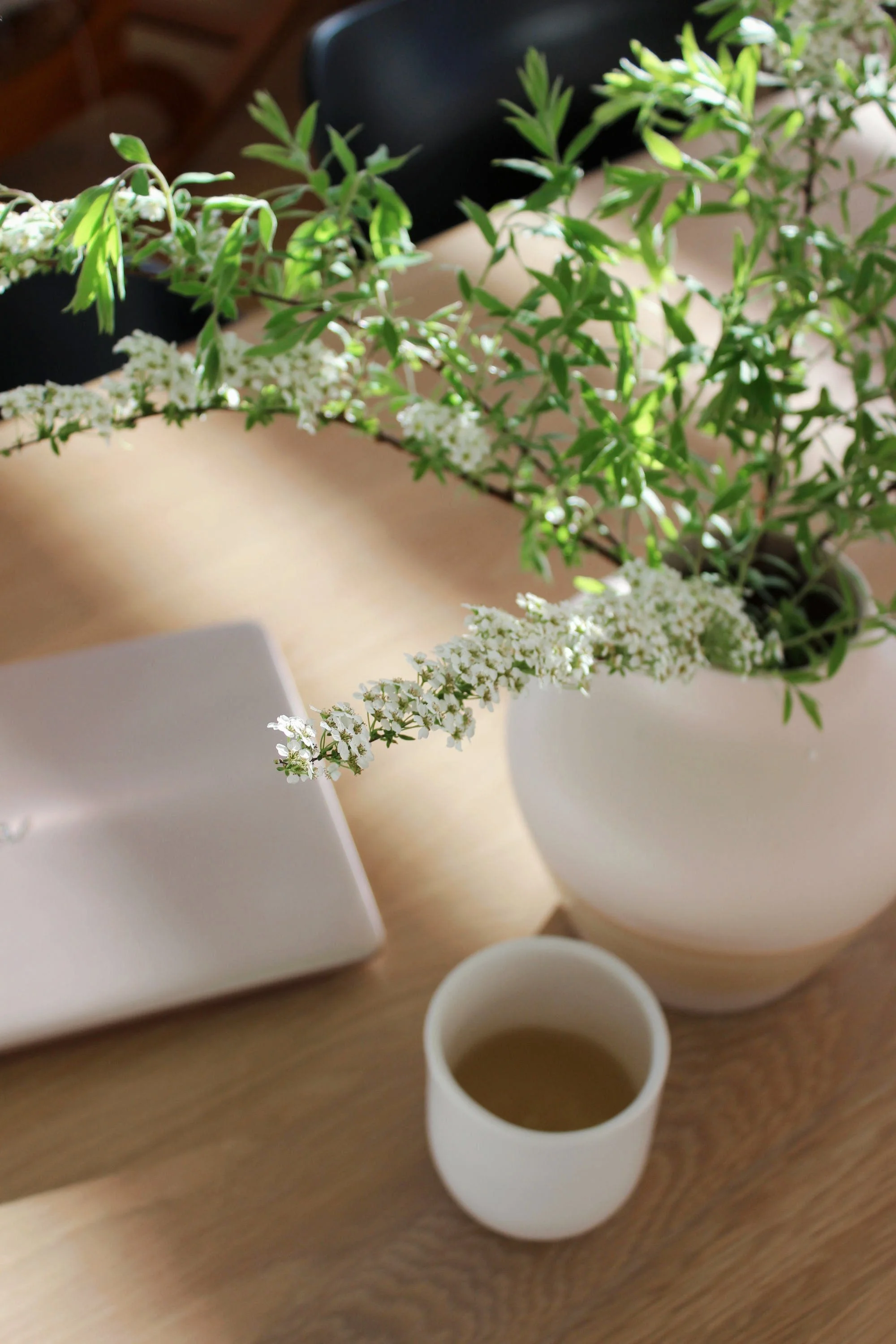 Laptop und Blumenvase auf Tisch