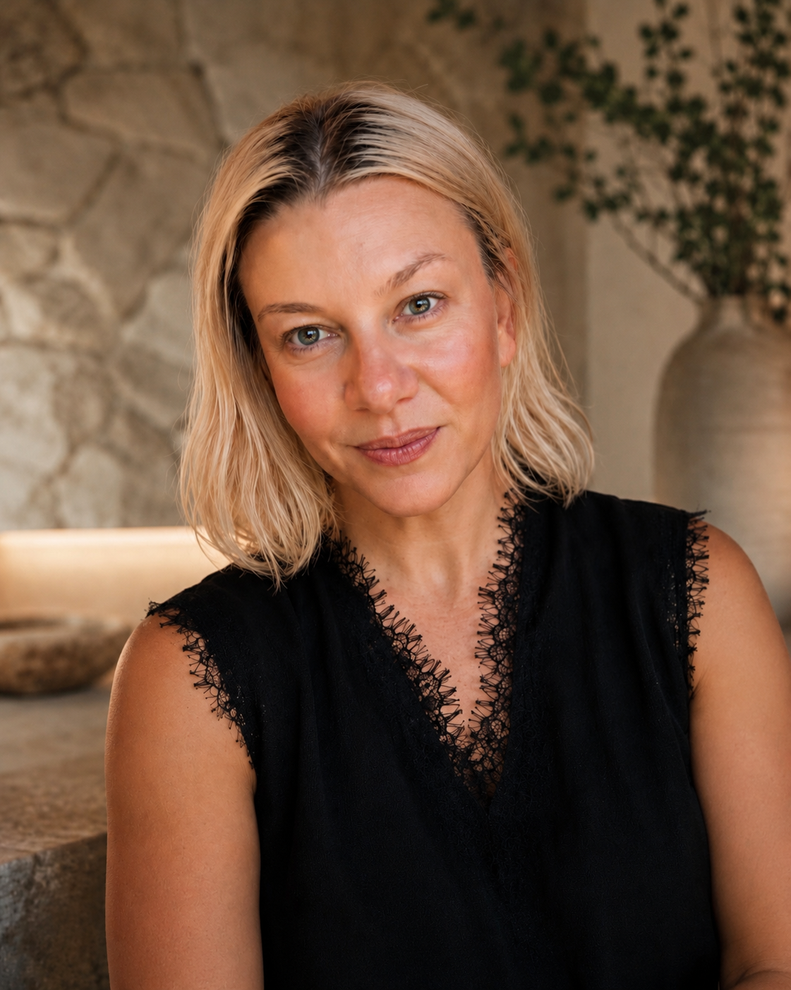 A woman with shoulder-length blonde hair, wearing a black sleeveless top with lace trim, sitting indoors with a stone wall and a large vase with flowers in the background.