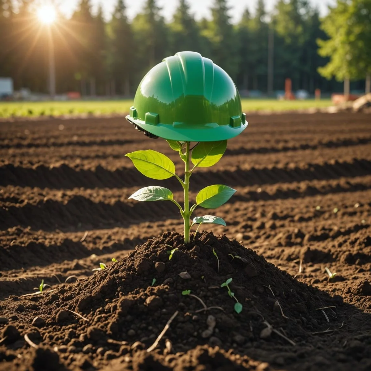 A young plant growing in soil with a green construction helmet placed on top of its stem, outdoors in a field with soil rows and trees in the background, sun shining from the top left.