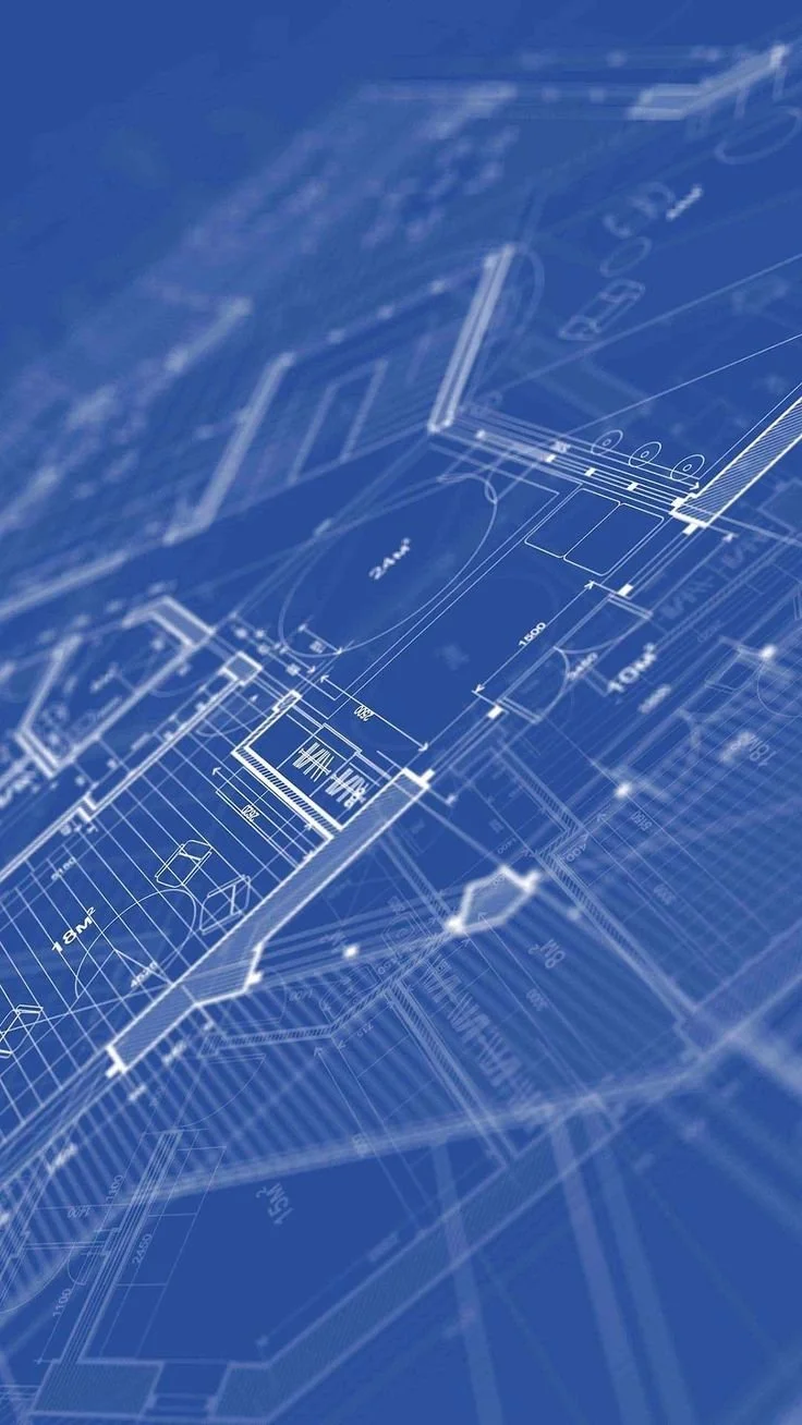 Blueprint architectural drawing on a blue background.
