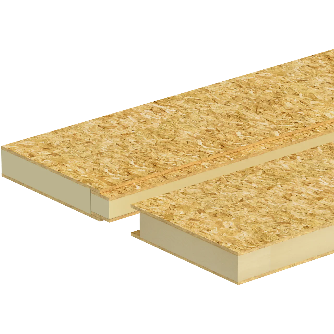 Two sheets of oriented strand board (OSB) with foam core backing, shown from an angled perspective.