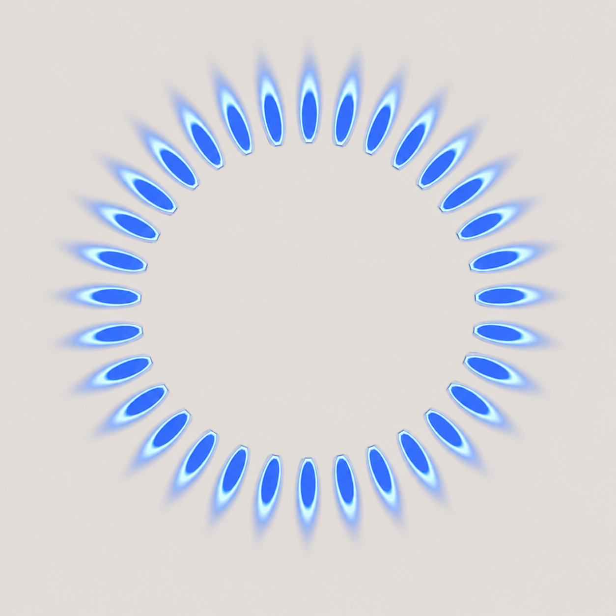 Close-up of a circular blue flame pattern on a white surface, resembling a ring of flames.