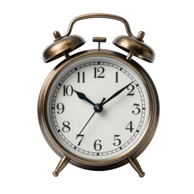 An analog alarm clock with a metallic finish showing the time as 10:09:34.