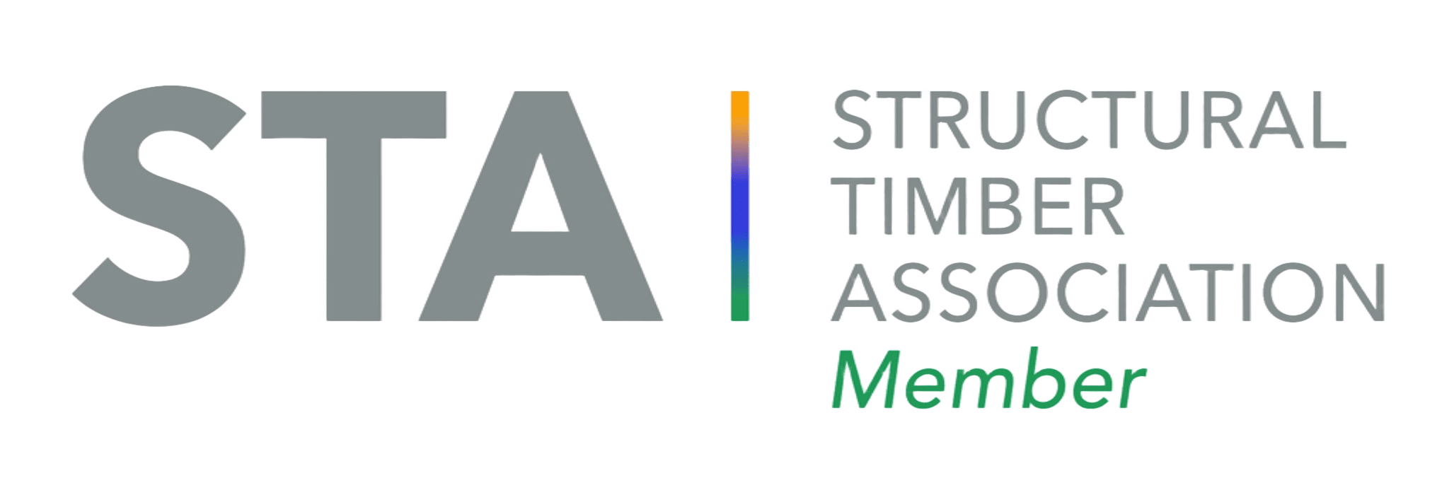The logo of the Structural Timber Association featuring the acronym STA in large gray letters, a vertical rainbow-colored line, and the full name in smaller gray text, with the word 'Member' in green.
