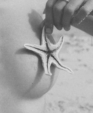A starfish resting on a person's knee in a black and white photo.