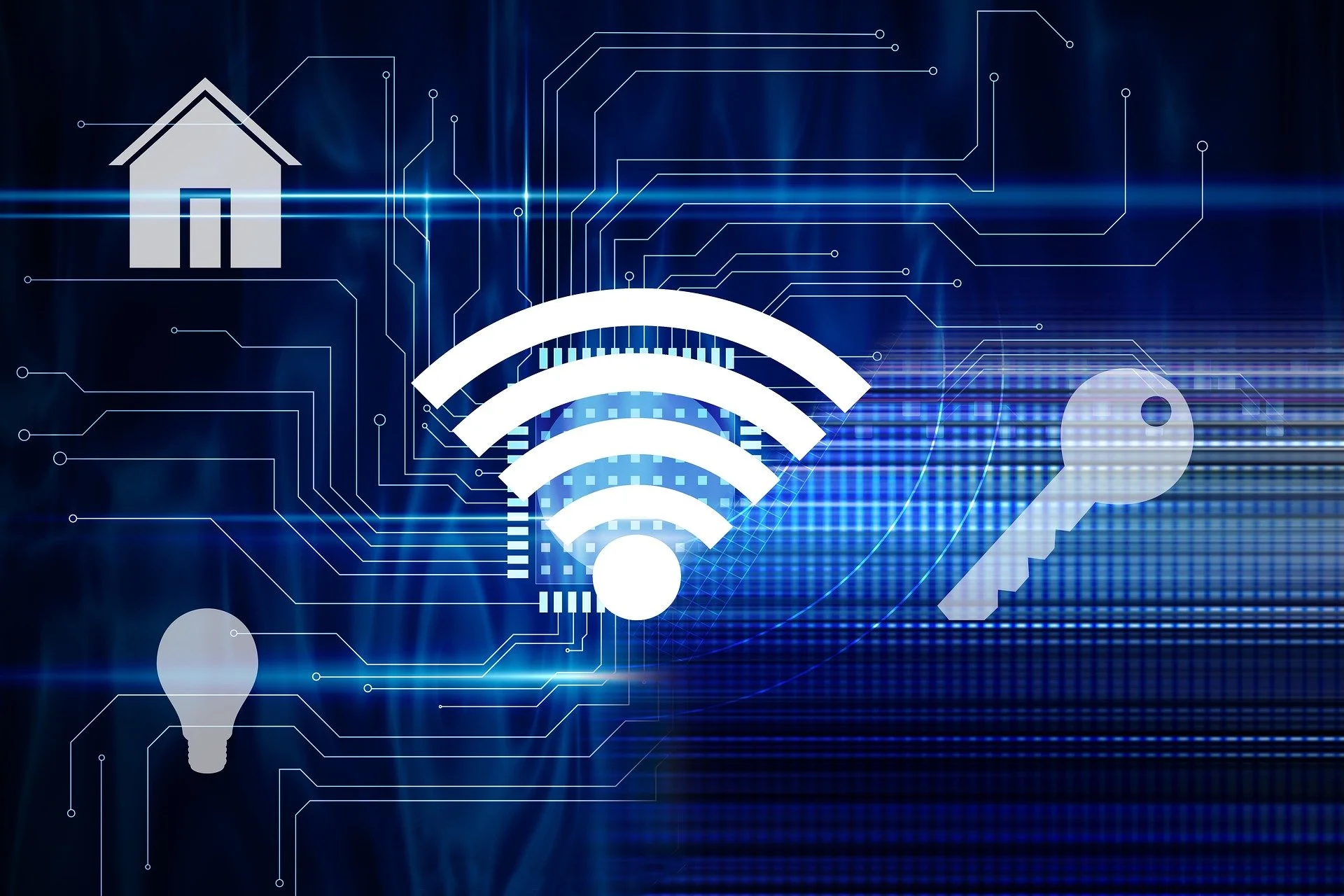 Digitale Illustration mit einem Wi-Fi-Symbol, einer Glühbirne, einem Schlüsselloch und einer Haus-Ikone, verbunden durch Linien, mit einem technischen und futuristischen Hintergrund.