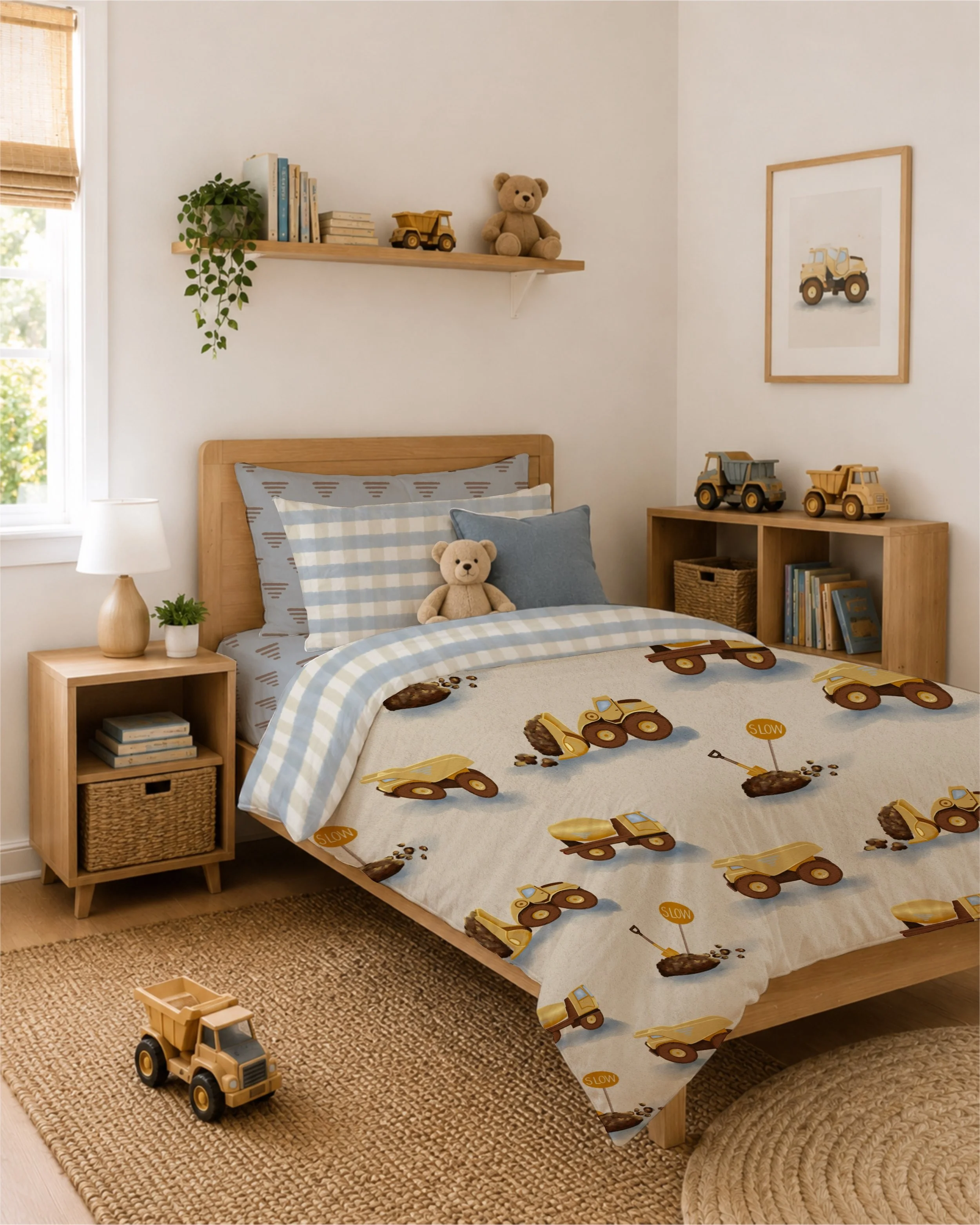 Little trucks, diggers and worksite treasures come together in this painterly construction print, designed for curious little builders and dreamers.