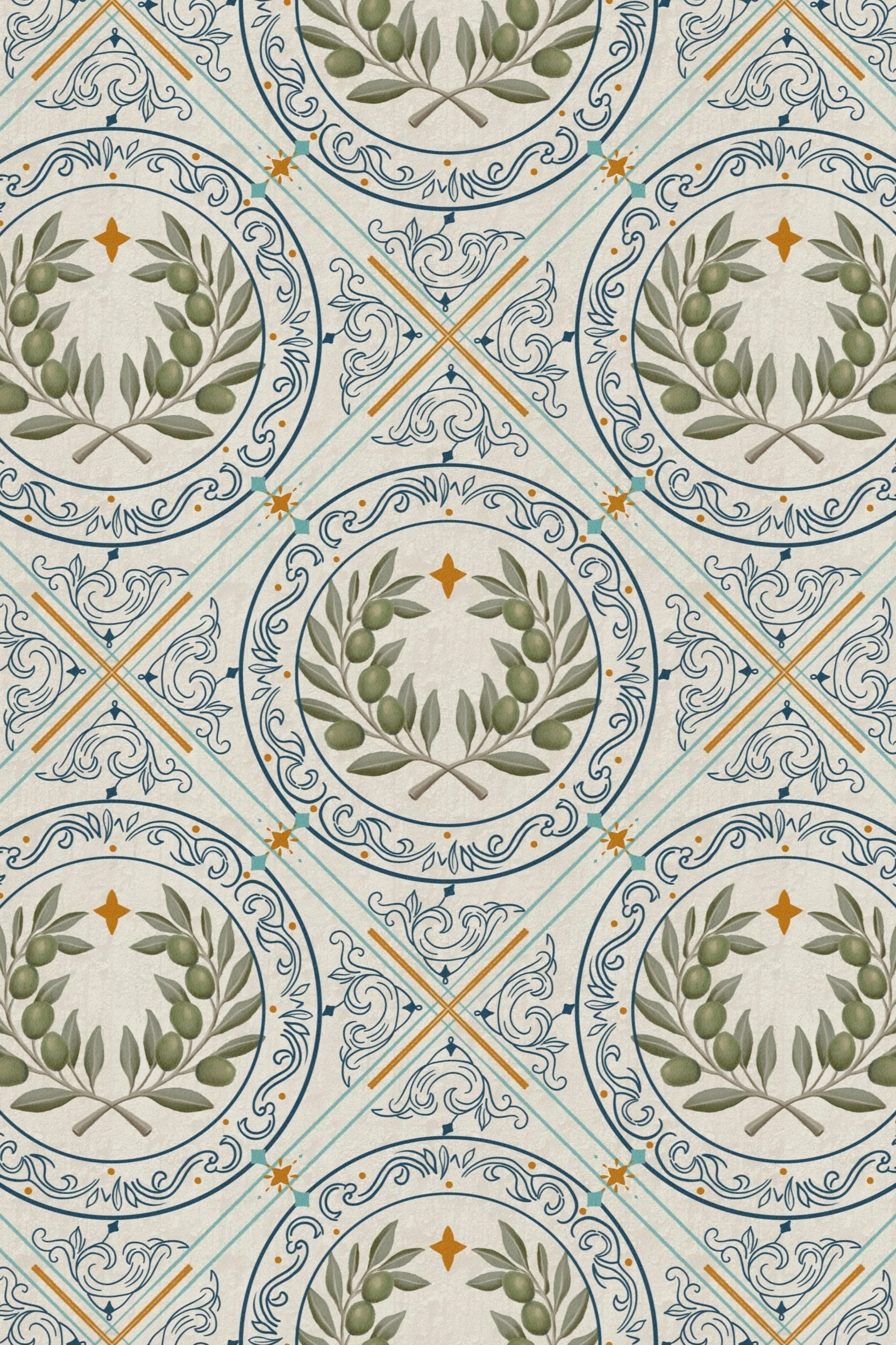 Mediterranean Courtyard - inspired collection featuring olive medallion tiles, courtyard stripes, and soft botanical ditsy prints in a warm, sun-washed palette.
