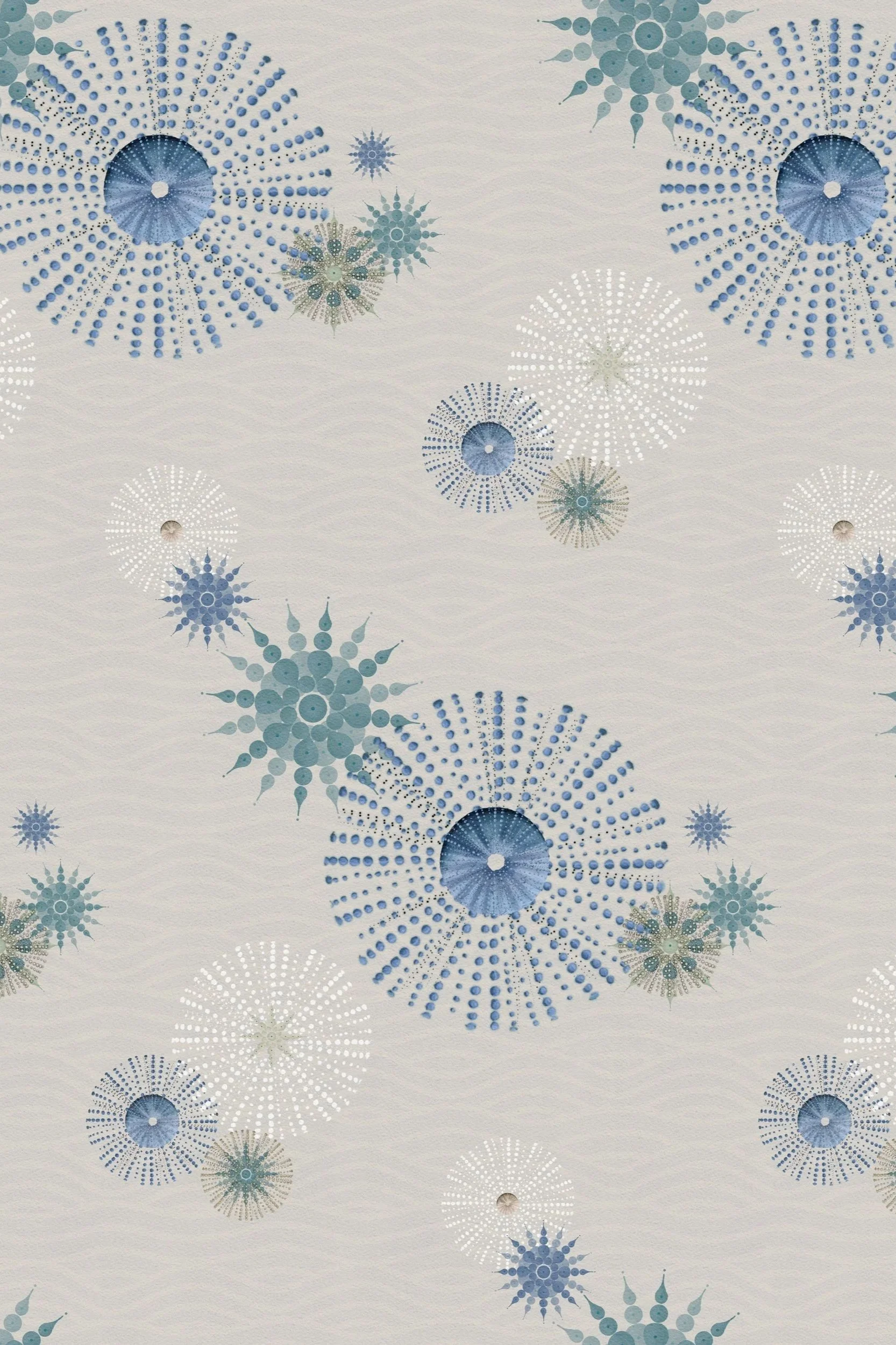 Saltwater Stillness - inspired by sea urchins drifting across sandy shores in soft indigo and seafoam hues.