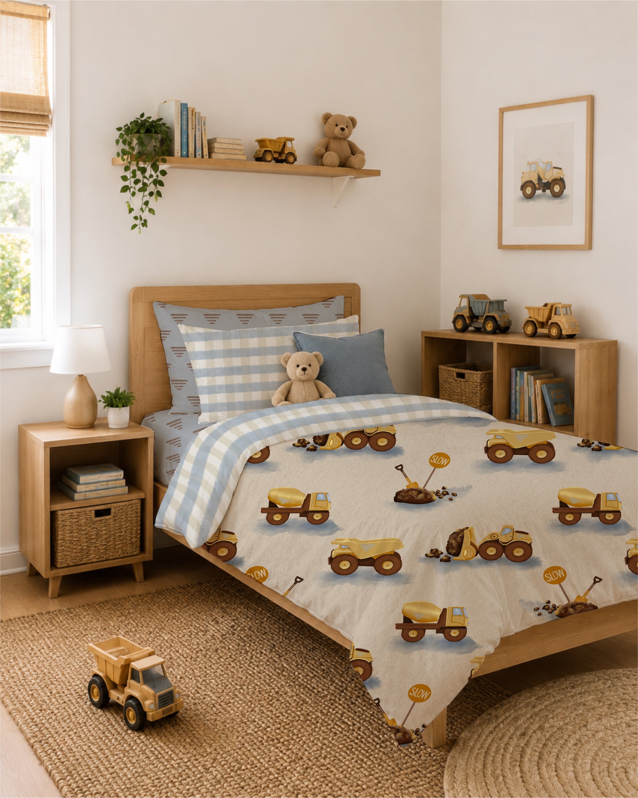 Little trucks, diggers and worksite treasures come together in this painterly construction print, designed for curious little builders and dreamers.