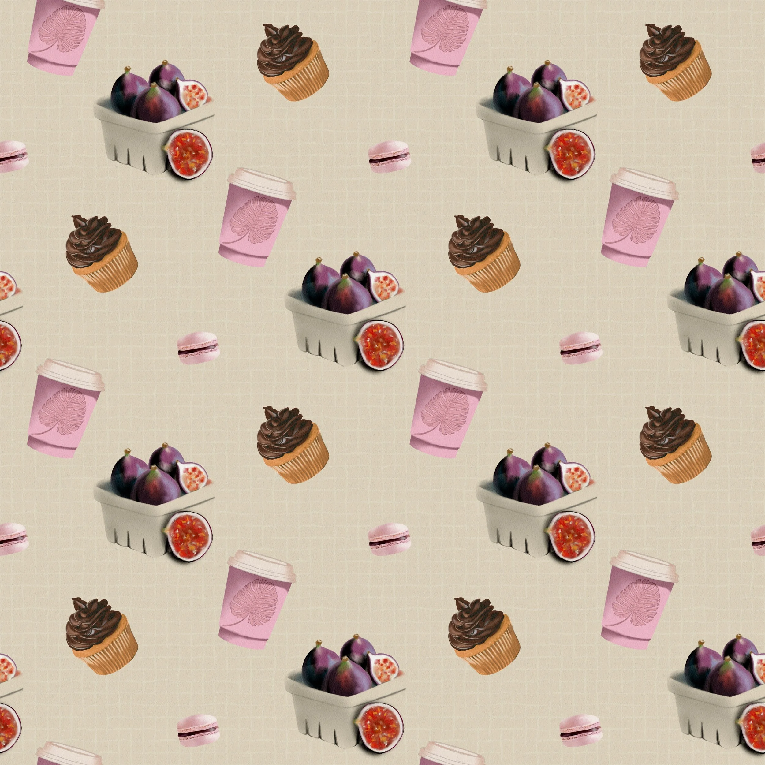 Market Treats - Hand-painted coffee, cupcakes, figs and macarons on a warm linen grid.