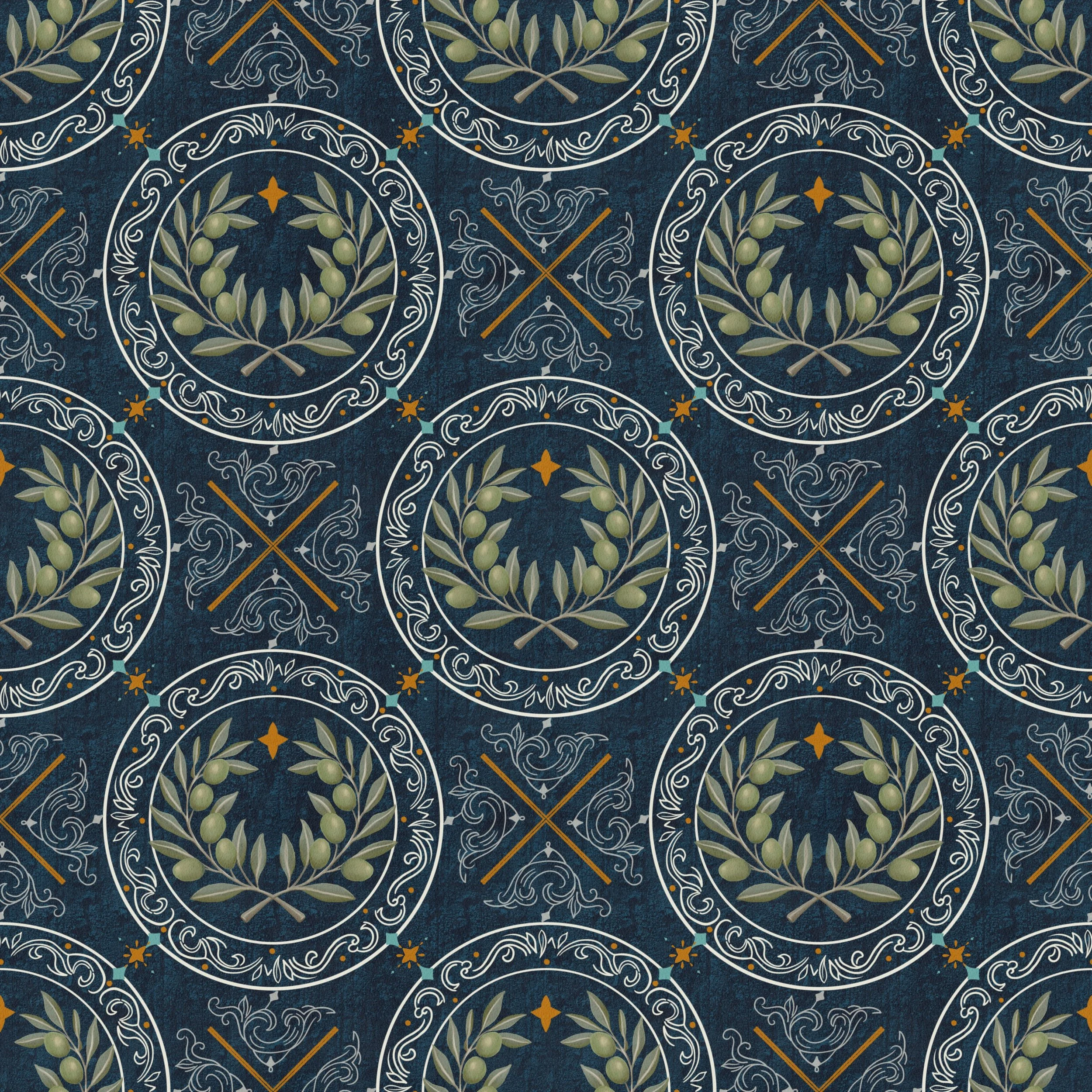 Mediterranean Olive Medallion Dark Blue - Painterly olive wreath medallions in a Mediterranean tile lattice with cobalt, terracotta and cream. Inspired by sun-washed coastal living.