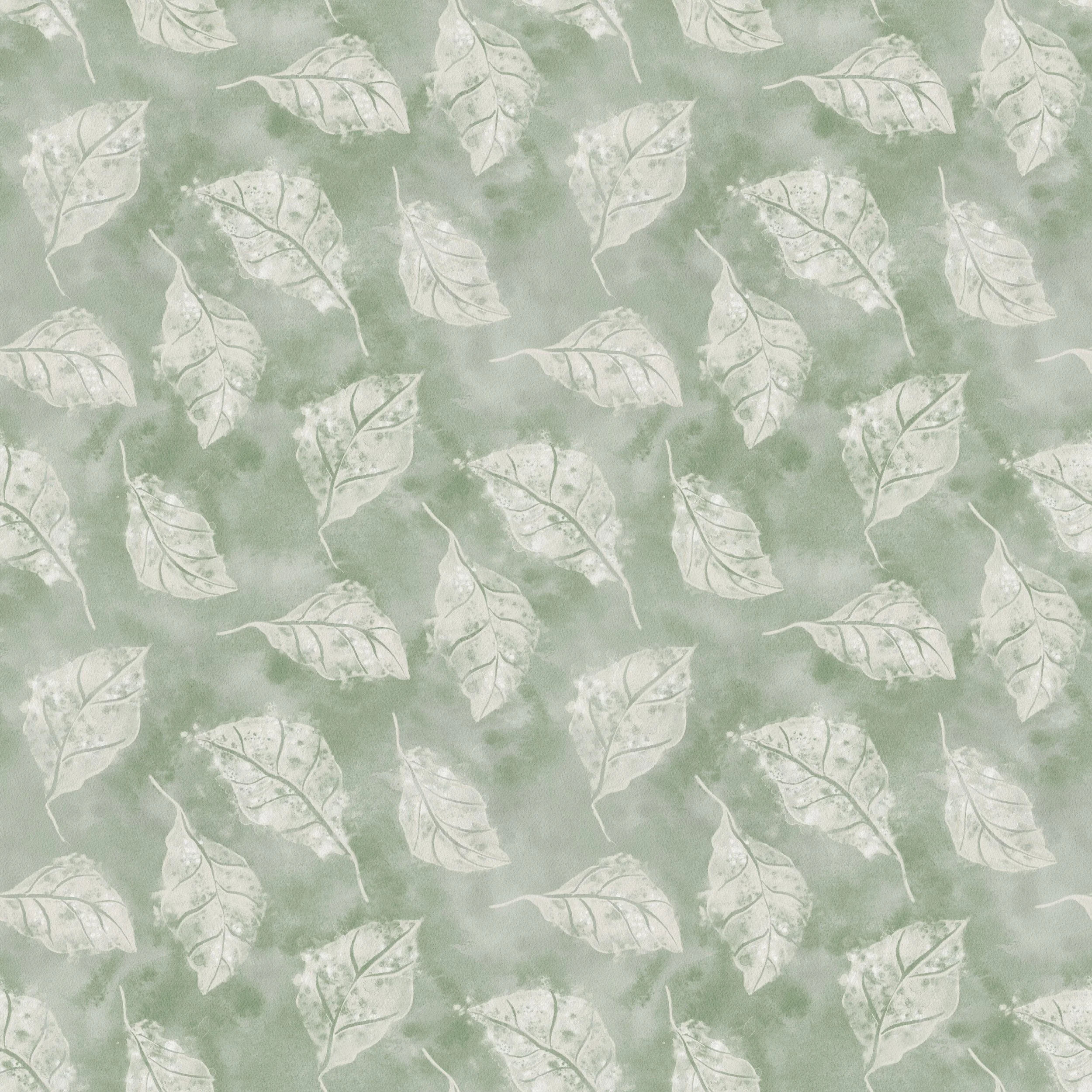 Pressed Leaf Drift - Soft scattered leaves drift across a tonal sage background.